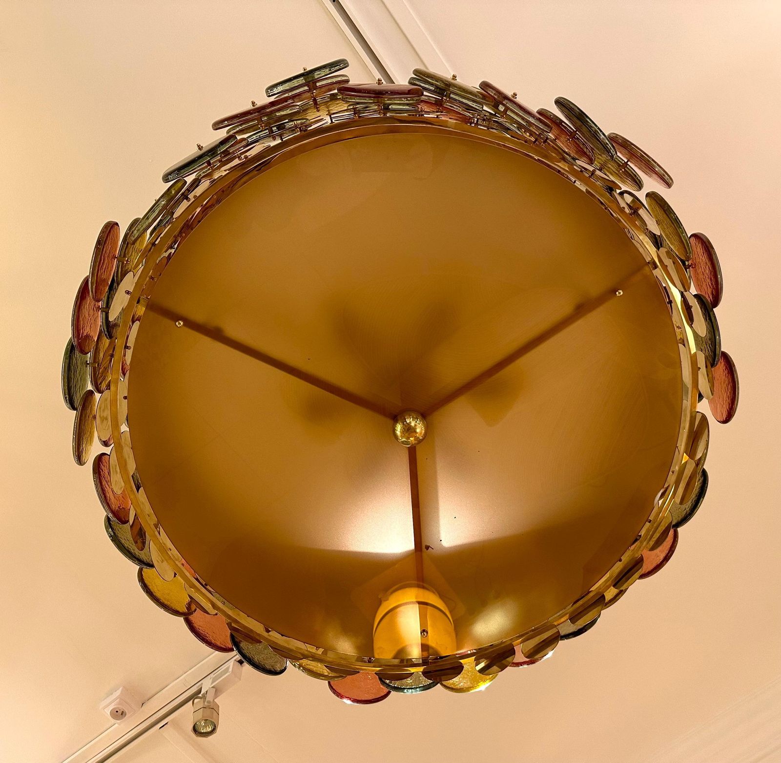 photo for sale Contemporary Circle Candy Chandelier Brass And Murano Glass , Italy