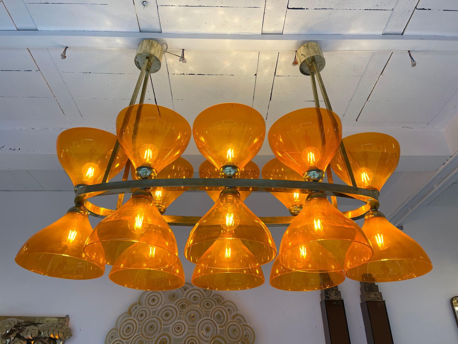 Large Contemporary Brass Chandelier Orange Murano Glass Cup, Italy photo furniture