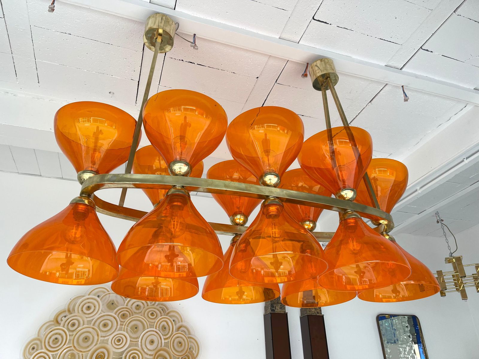 Large Contemporary Brass Chandelier Orange Murano Glass Cup, Italy photo 7270.0