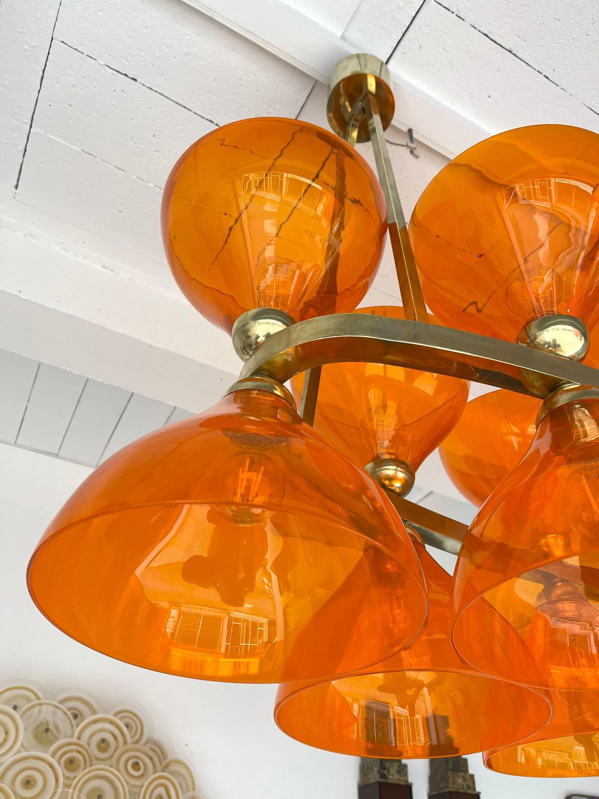 Large Contemporary Brass Chandelier Orange Murano Glass Cup, Italy photo buy
