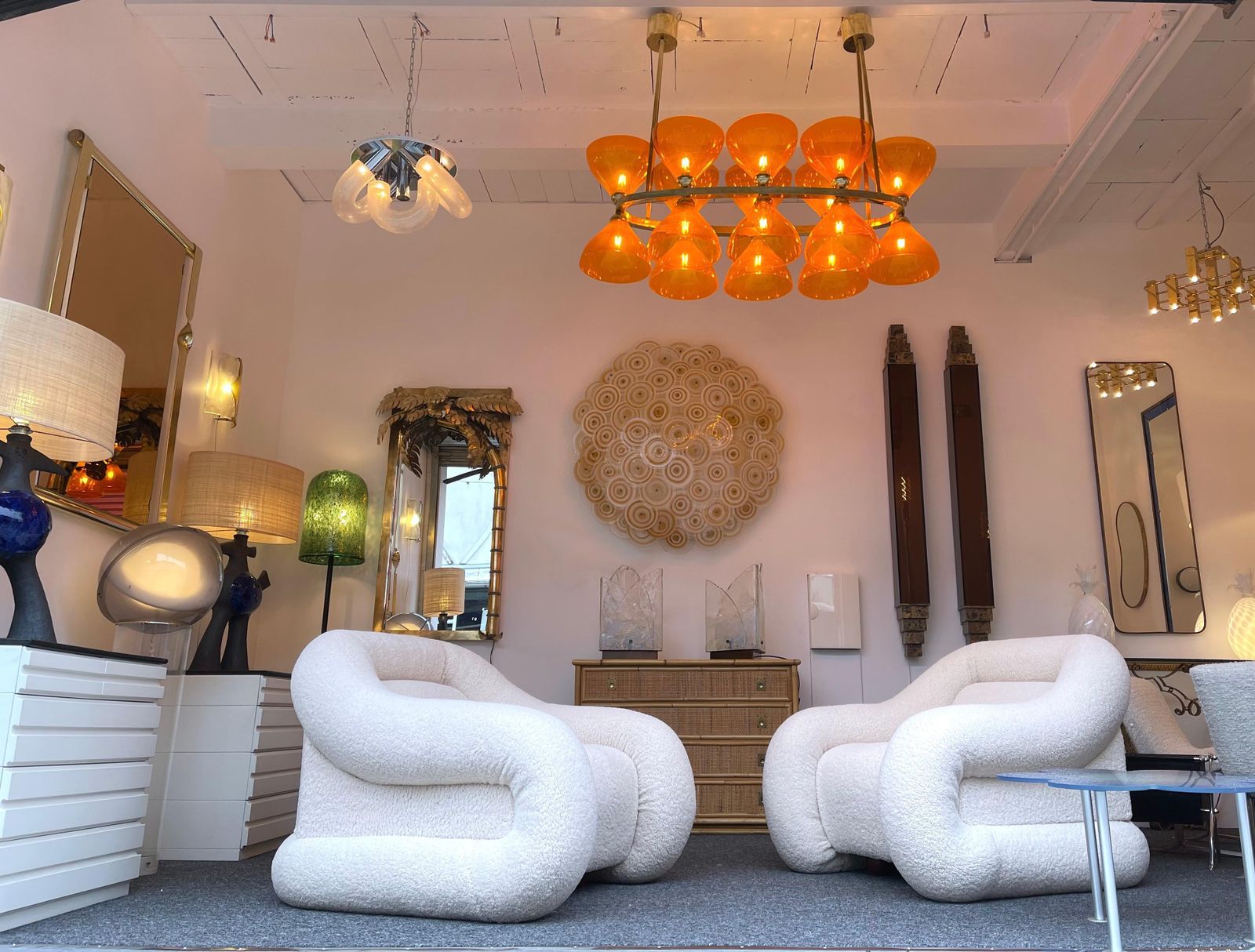 photo buy Large Contemporary Brass Chandelier Orange Murano Glass Cup, Italy