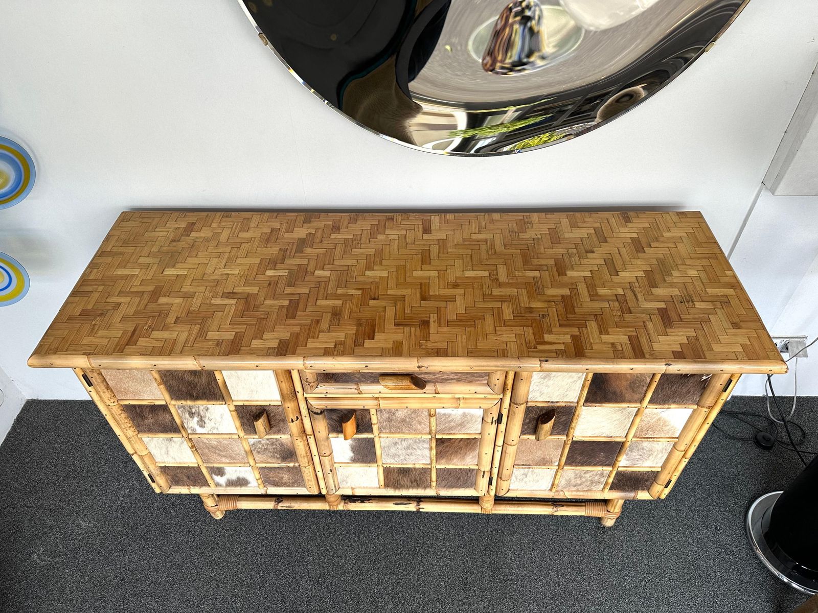 Bamboo Wood And Cow Leather Buffet Dry Bar. Italy, 1970s photo 7697.0