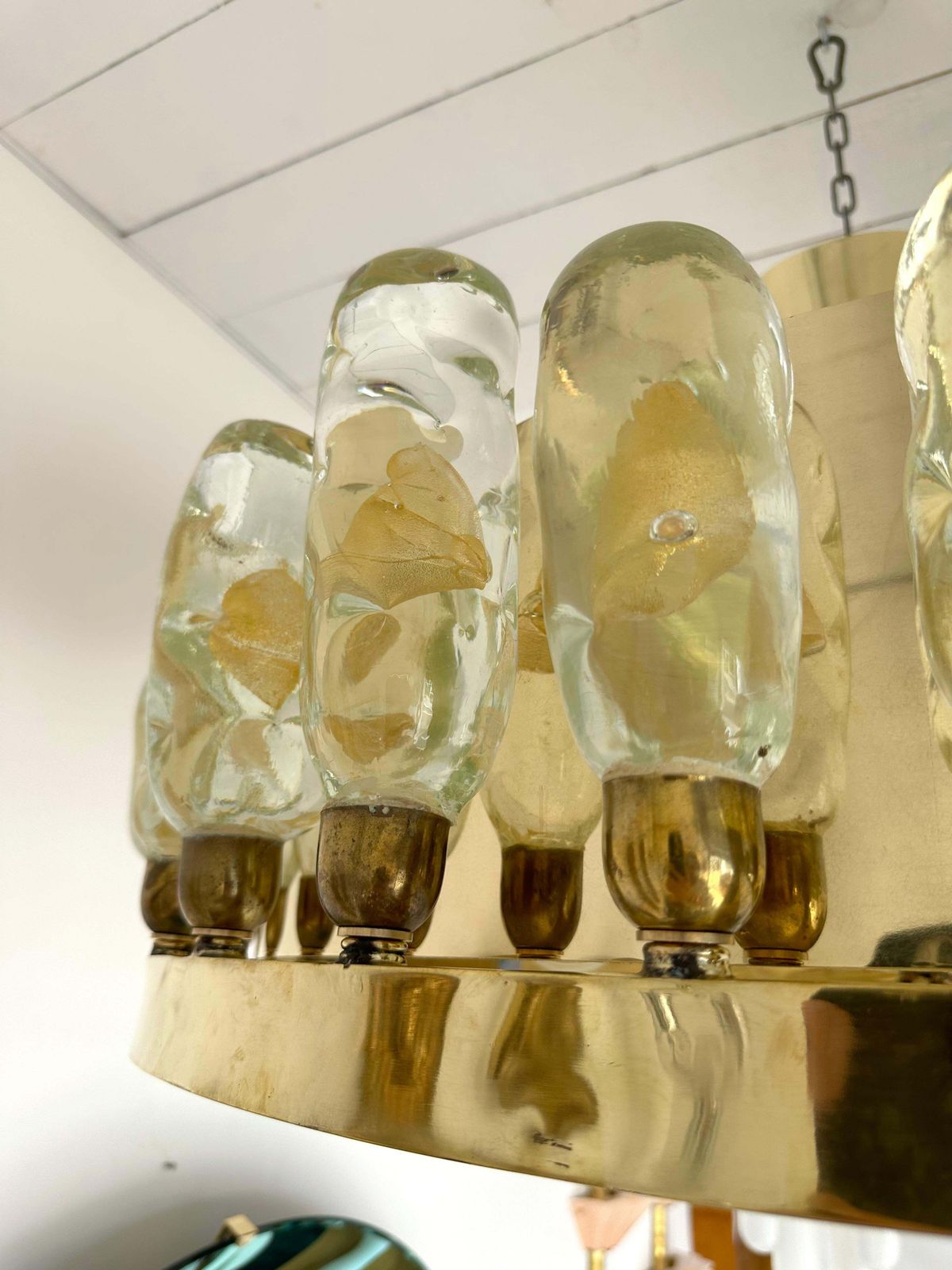 Contemporary Brass Chandelier And Murano Glass Gold Leaf Flame , Italy photo for sale