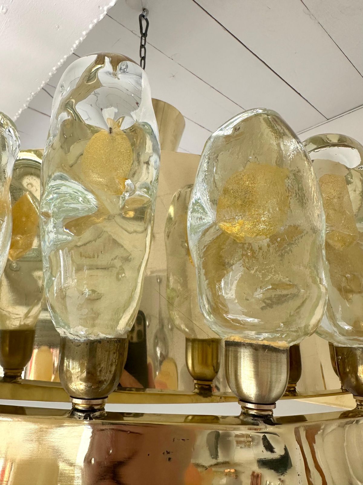 Contemporary Brass Chandelier And Murano Glass Gold Leaf Flame , Italy photo 10263.0