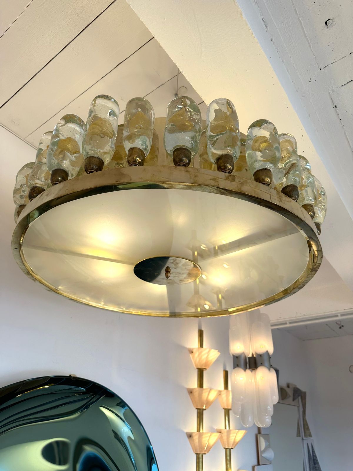 photo for sale Contemporary Brass Chandelier And Murano Glass Gold Leaf Flame , Italy