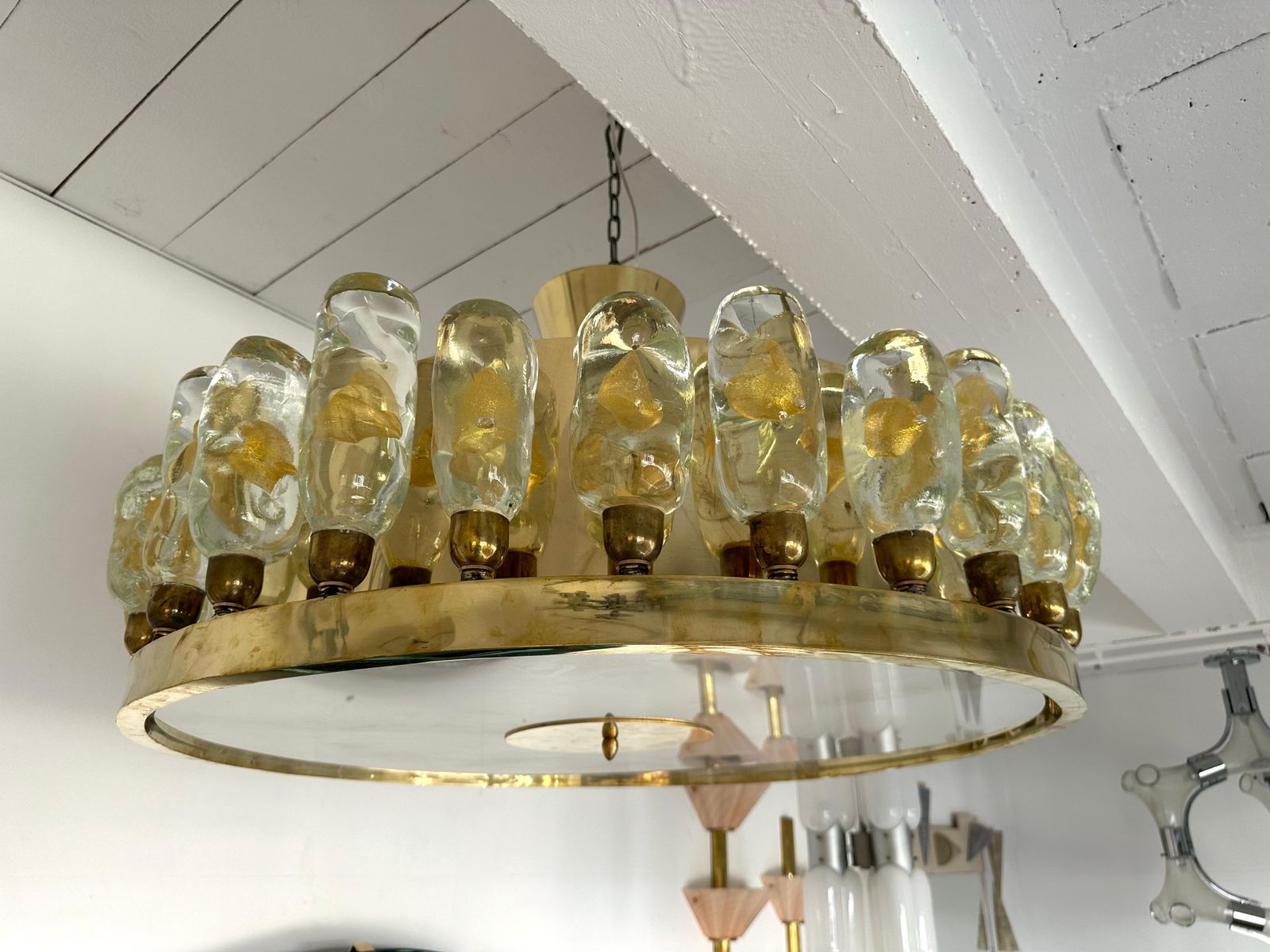 Lighting Contemporary Brass Chandelier And Murano Glass Gold Leaf Flame , Italy photo