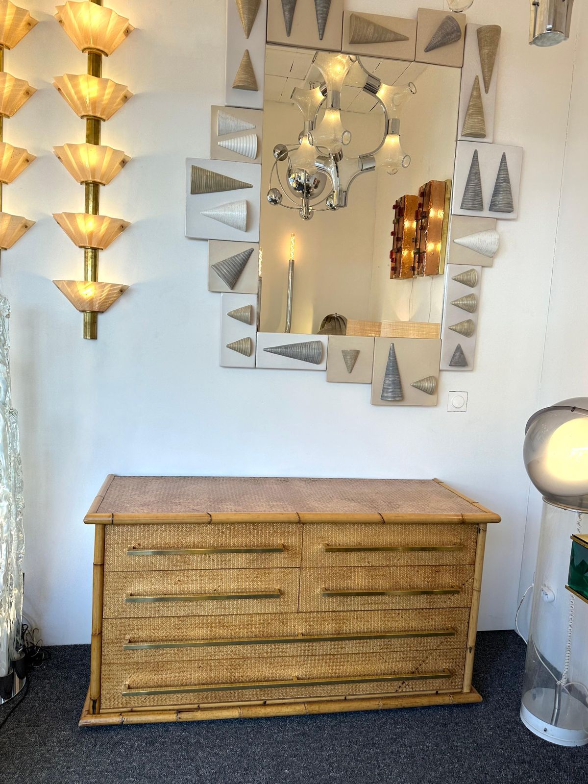 Bamboo Rattan Brass Chest Of Drawers By Vivai Del Sud. Italy, 1970s photo vintage