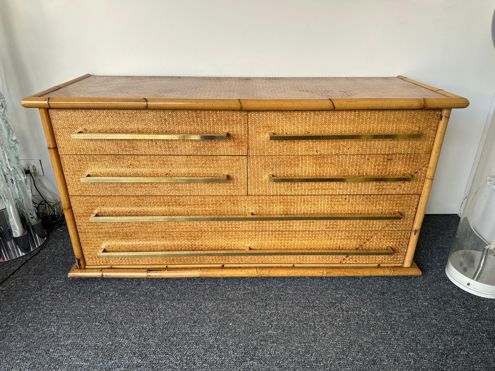 photo for sale Bamboo Rattan Brass Chest Of Drawers By Vivai Del Sud. Italy, 1970s