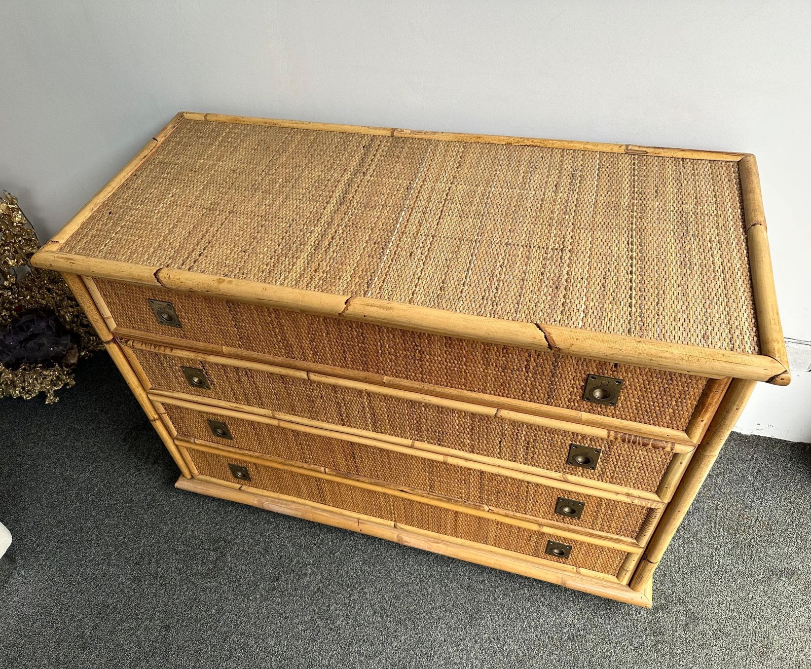 Bamboo Rattan And Brass Chest Of Drawers By Dal Vera, Italy, 1970s photo Furniture