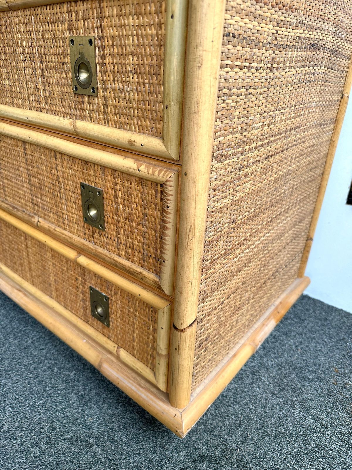Furniture Bamboo Rattan And Brass Chest Of Drawers By Dal Vera, Italy, 1970s photo