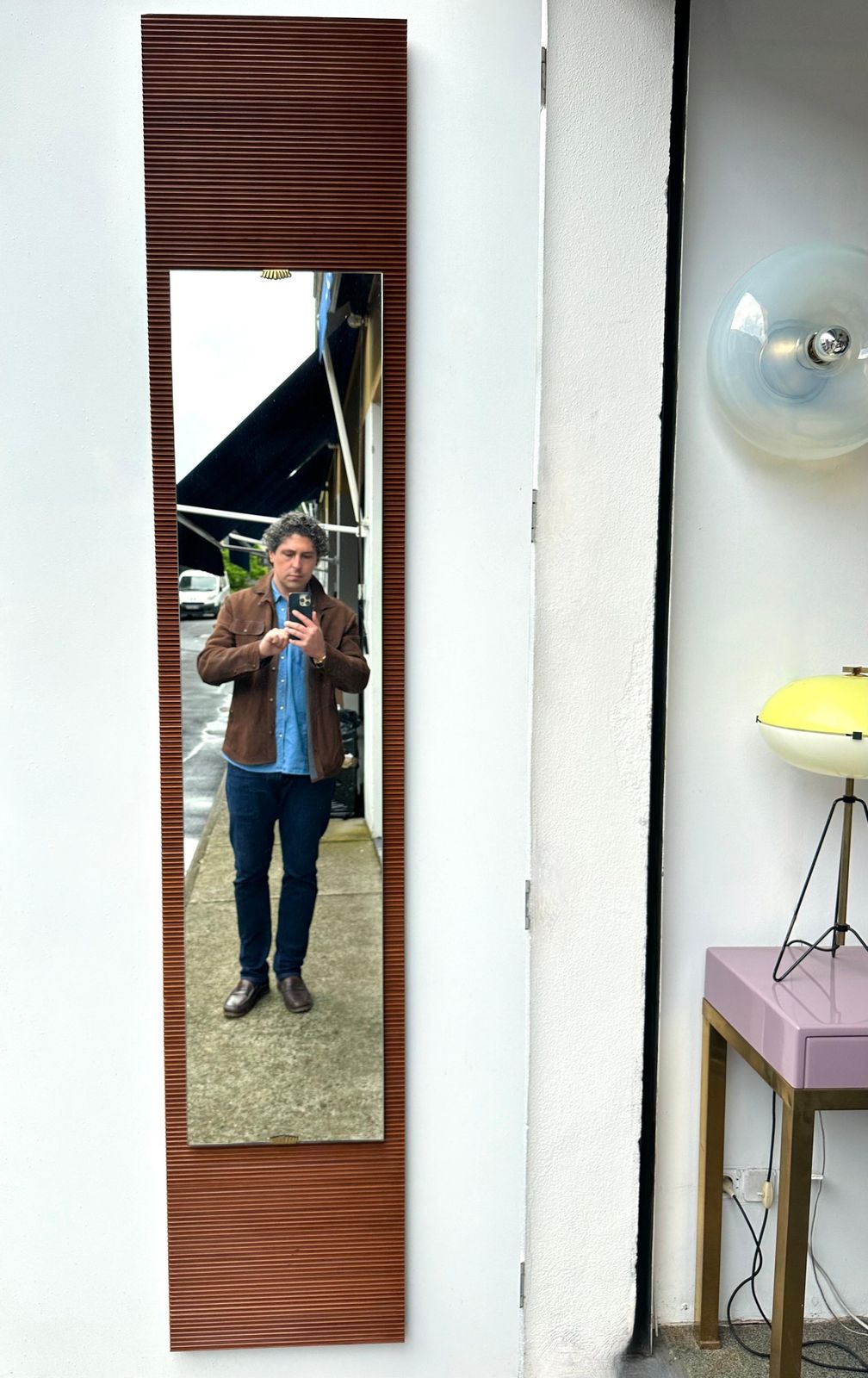 photo furniture Mid Century Wood Stripe And Brass Mirror, Italy, 1950s