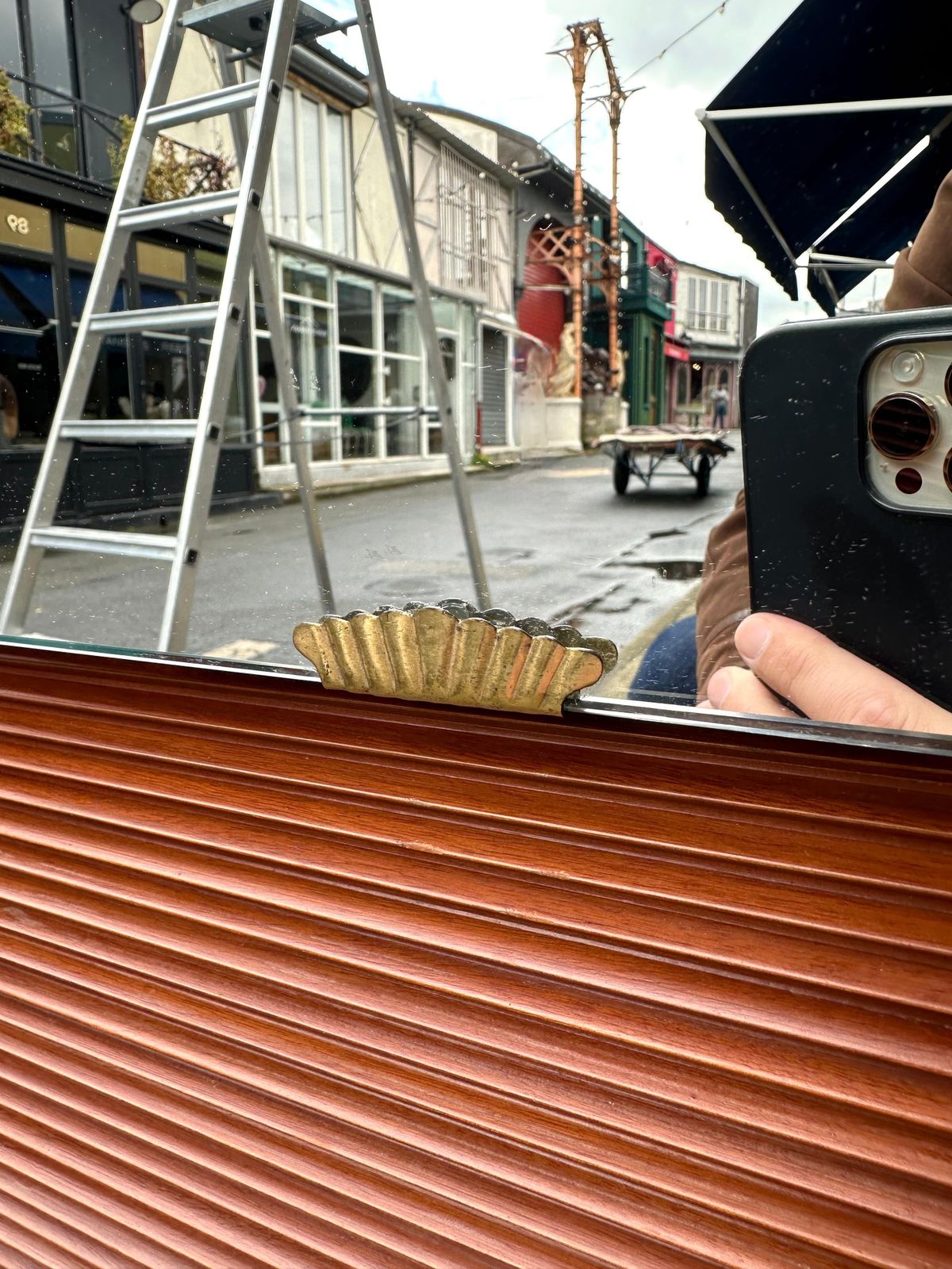 Home Decor Mid Century Wood Stripe And Brass Mirror, Italy, 1950s photo