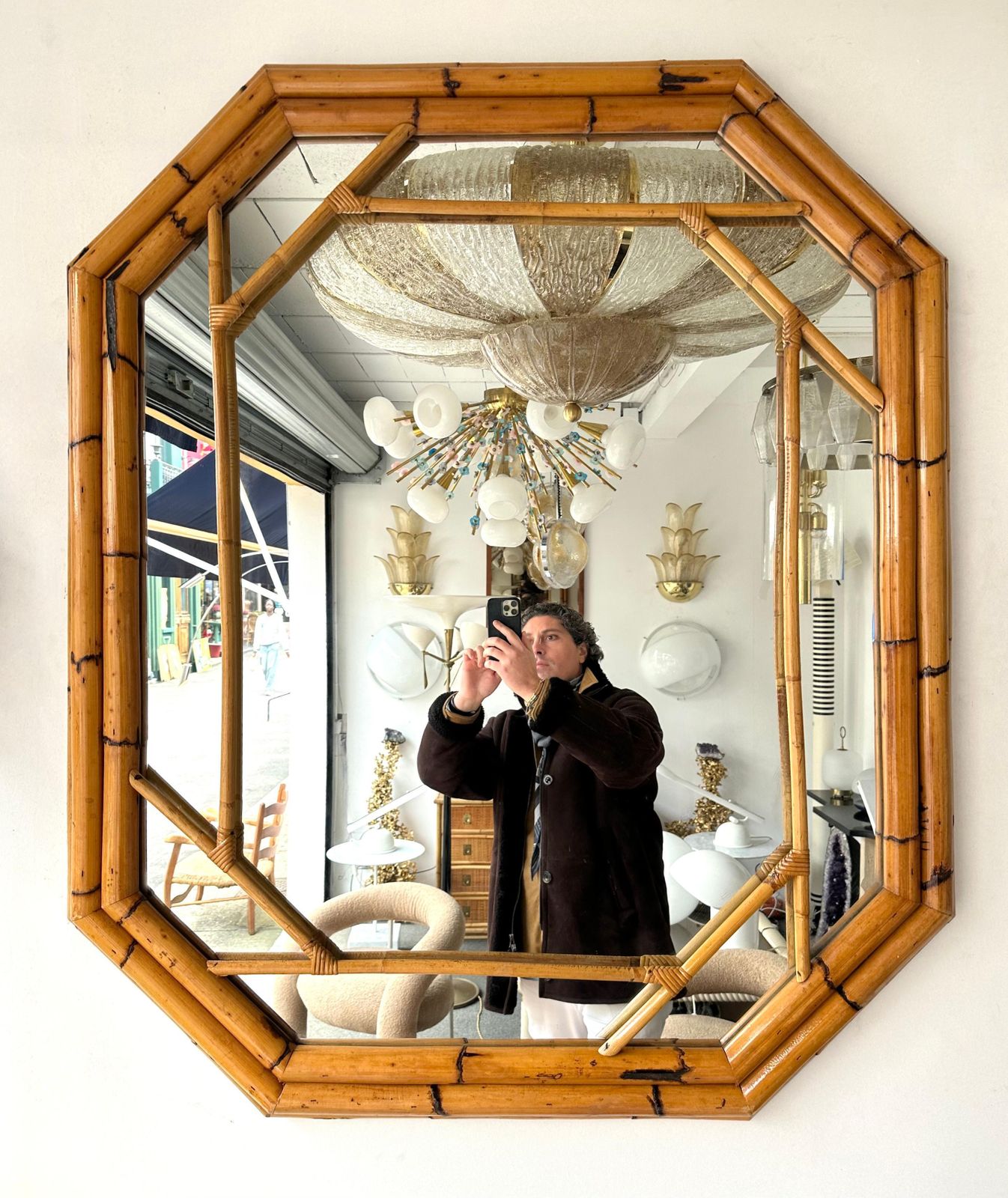Bamboo Octogonal Beaded Mirror By Vivai Del Sud. Italy, 1970s photo vintage