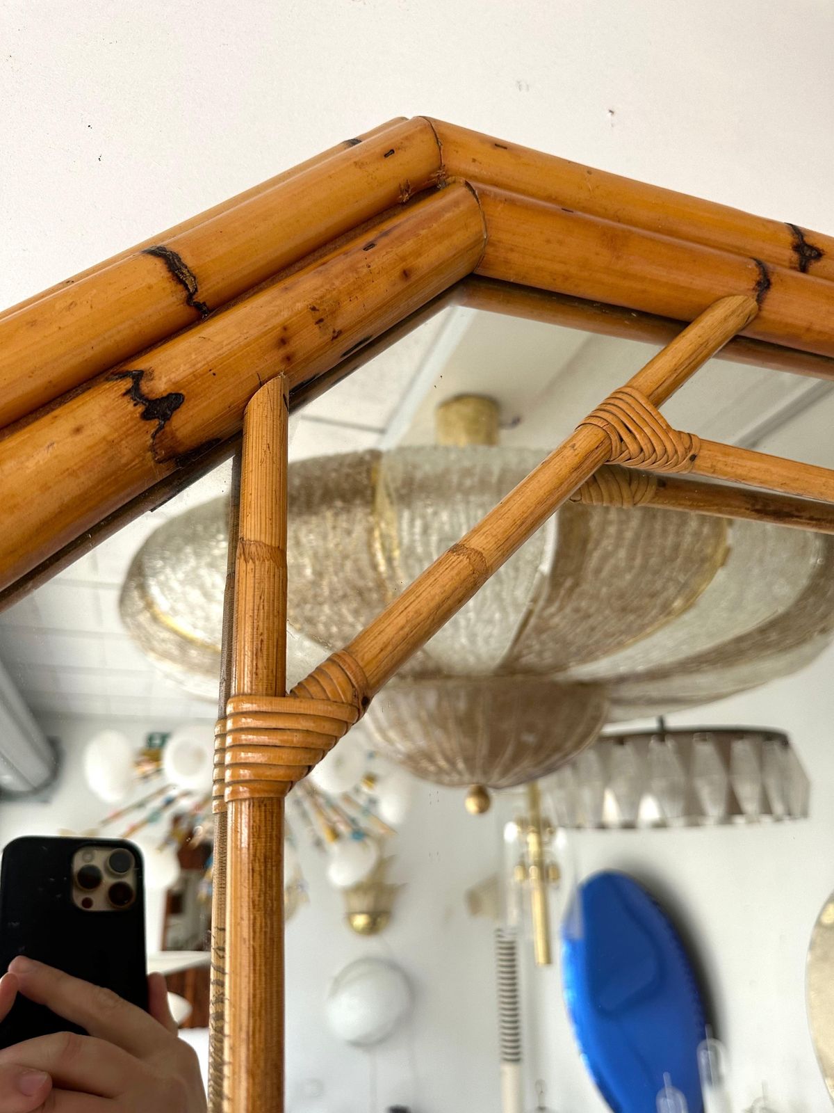 photo for sale Bamboo Octogonal Beaded Mirror By Vivai Del Sud. Italy, 1970s