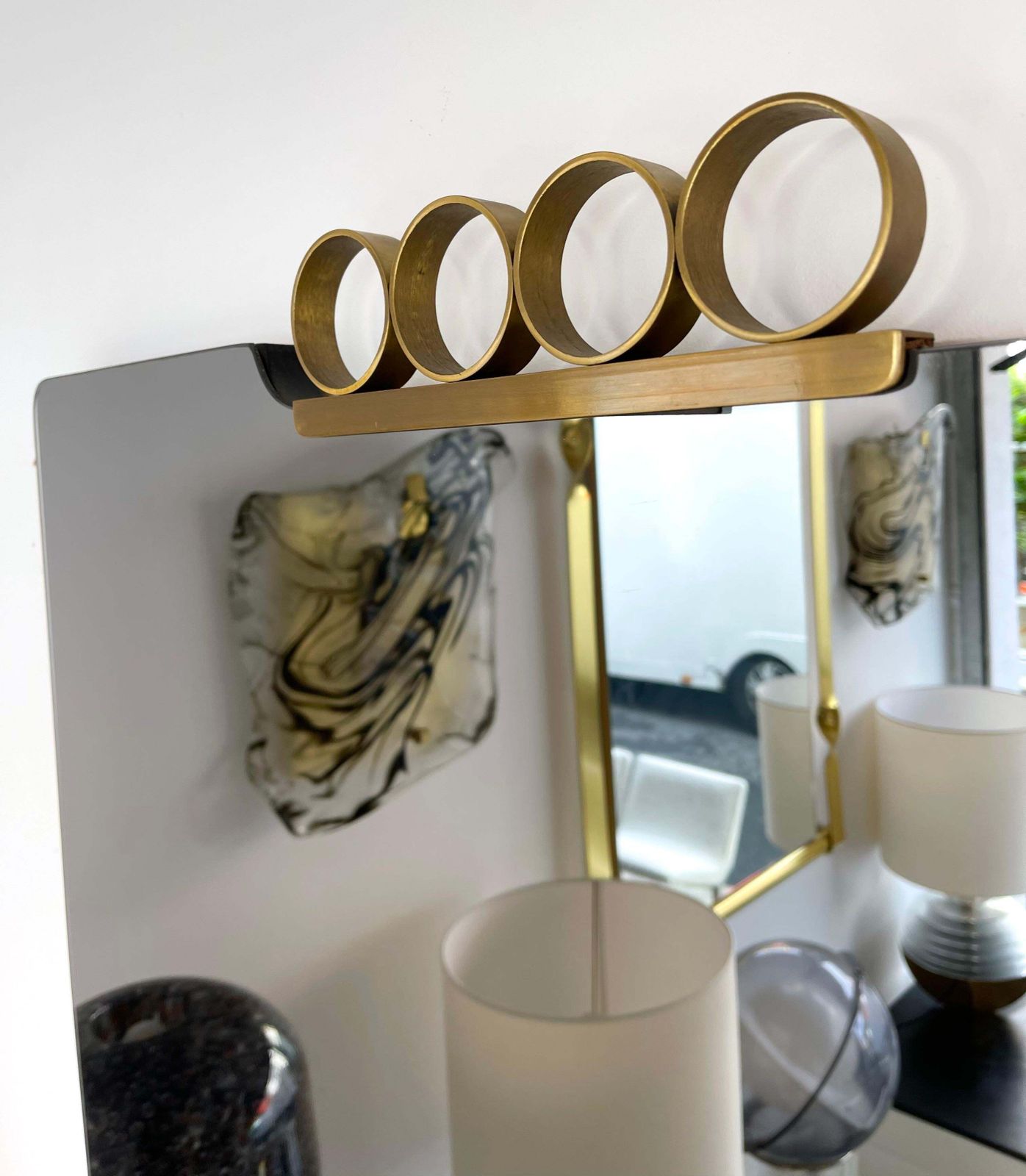 Pair Of Mirrors Brass Disc Gray Tinted Glass By Modernindustria, Italy, 1970s photo buy