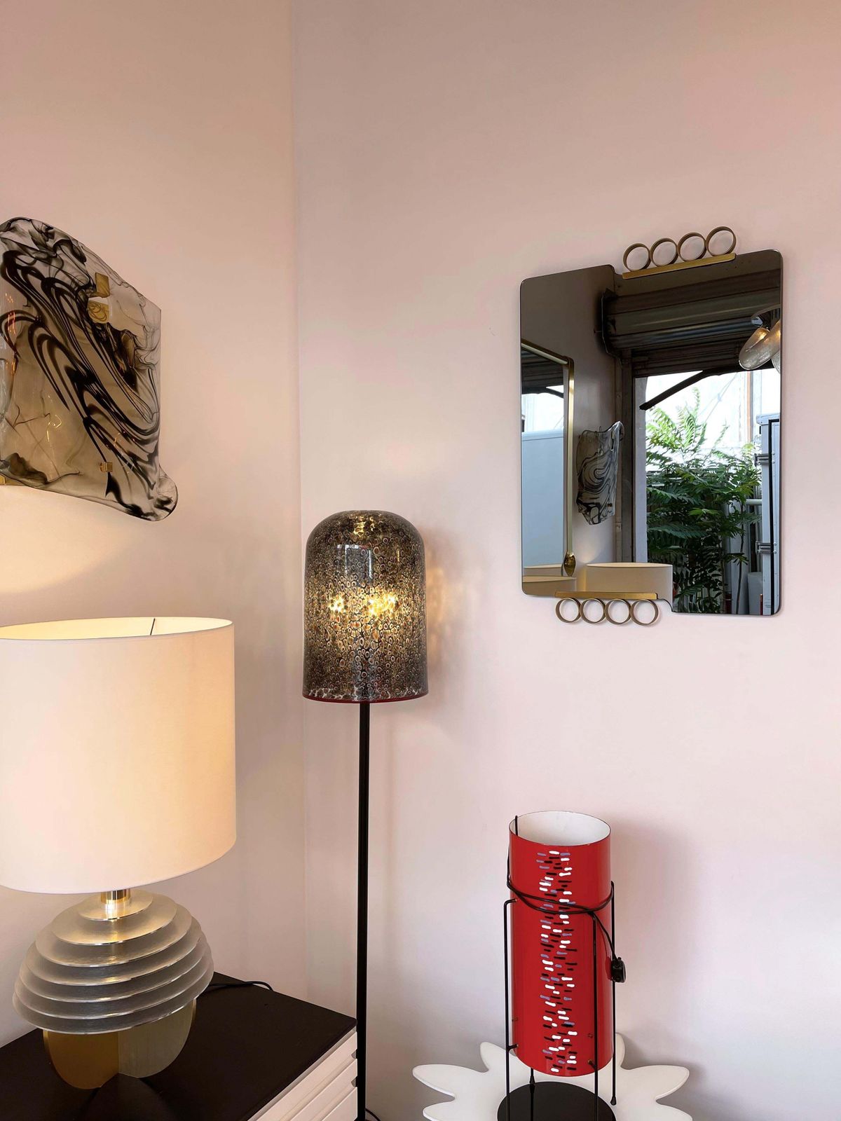 photo for sale Pair Of Mirrors Brass Disc Gray Tinted Glass By Modernindustria, Italy, 1970s
