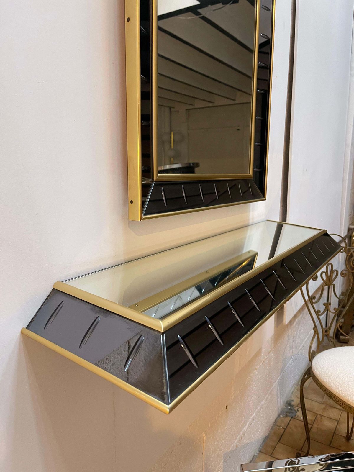 Mirror Console Glass And Brass By Cristal Art, Italy, 1960s photo vintage