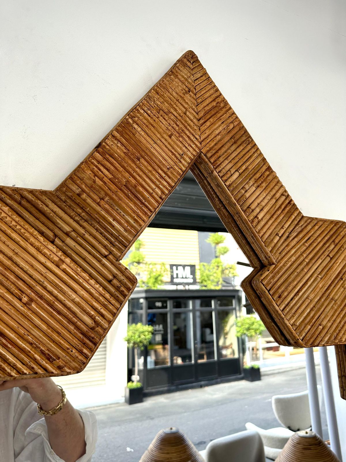 photo furniture Extra Large Rattan Pyramid Mirror By Vivai Del Sud. Italy, 1970s