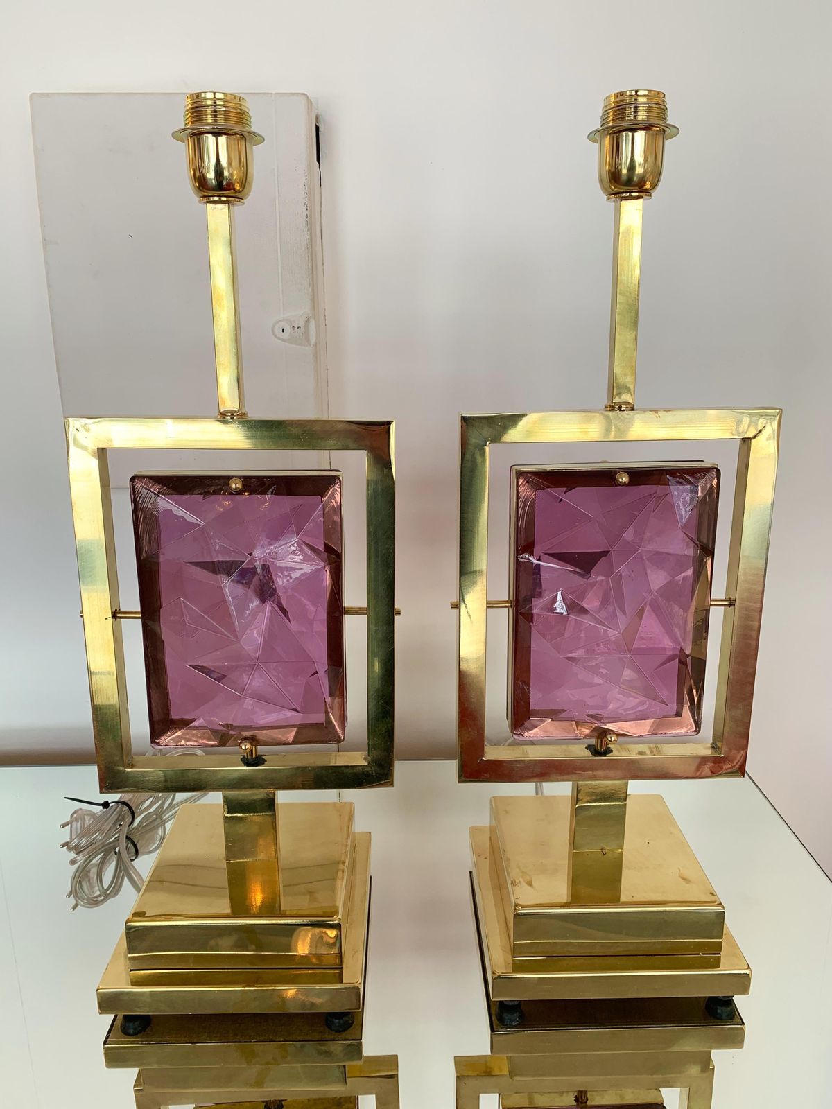 Contemporary Pair Of Brass Lamps Murano Glass, Italy photo buy