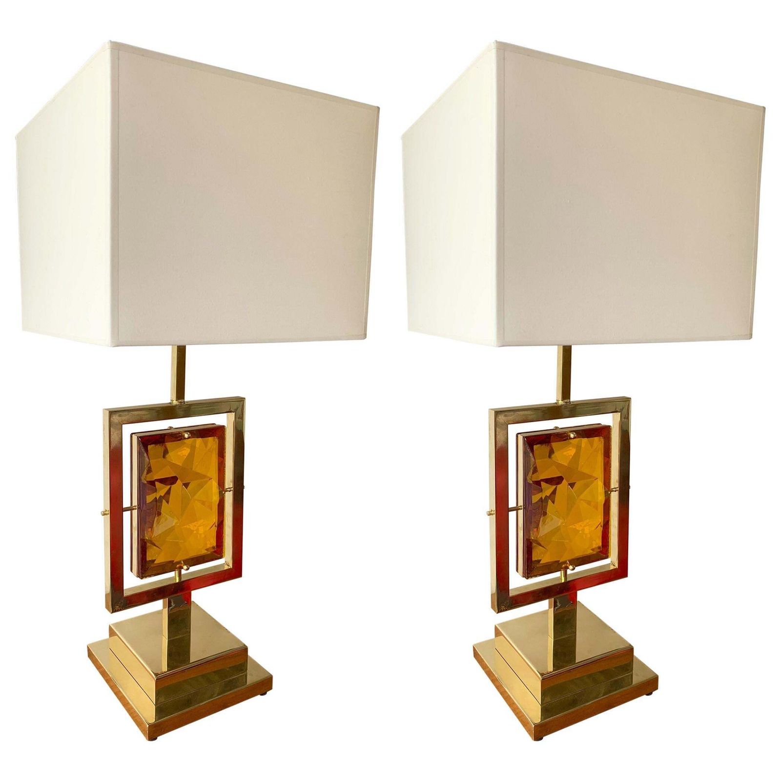 Contemporary Pair Of Brass Lamps Murano Glass, Italy