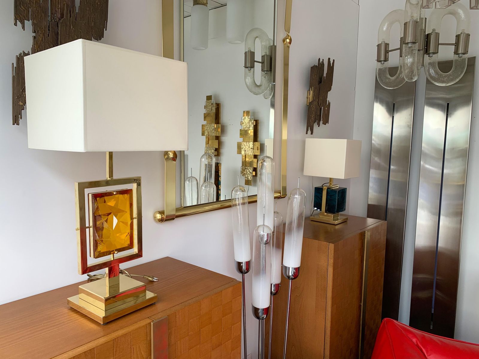Lighting Contemporary Pair Of Brass Lamps Murano Glass, Italy photo
