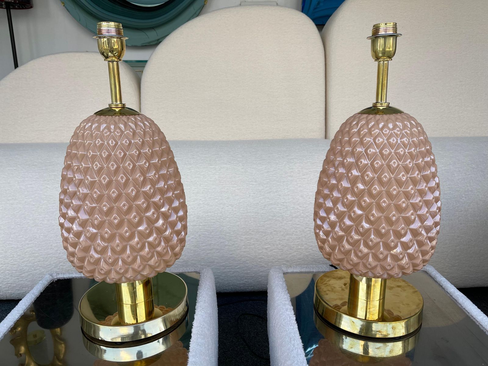 Lighting Contemporary Pair Of Pink Pineapple Murano Glass And Brass Lamps, Italy photo