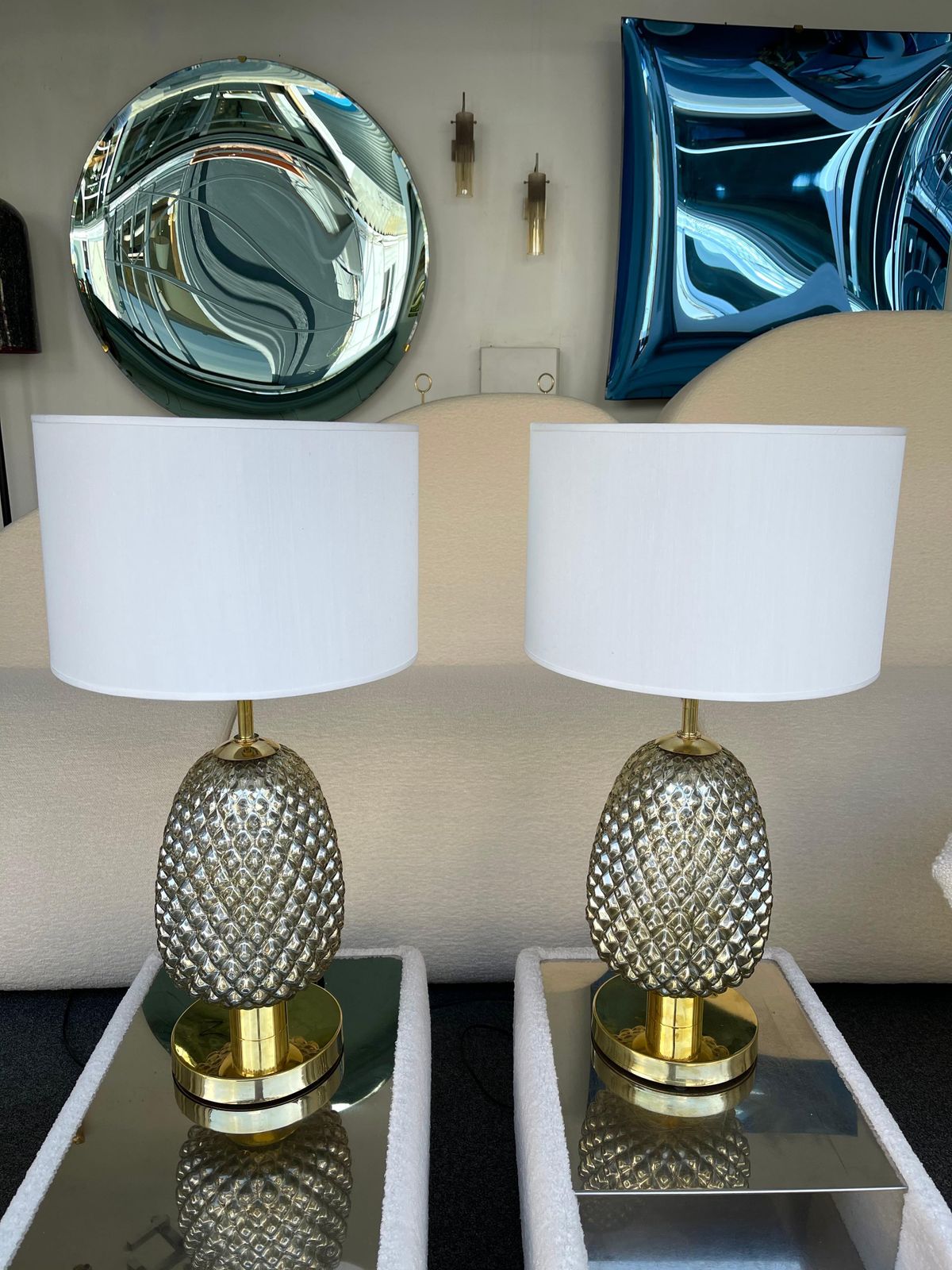 Contemporary Pair Of Silver Gold Pineapple Murano Glass And Brass Lamps, Italy photo vinterior