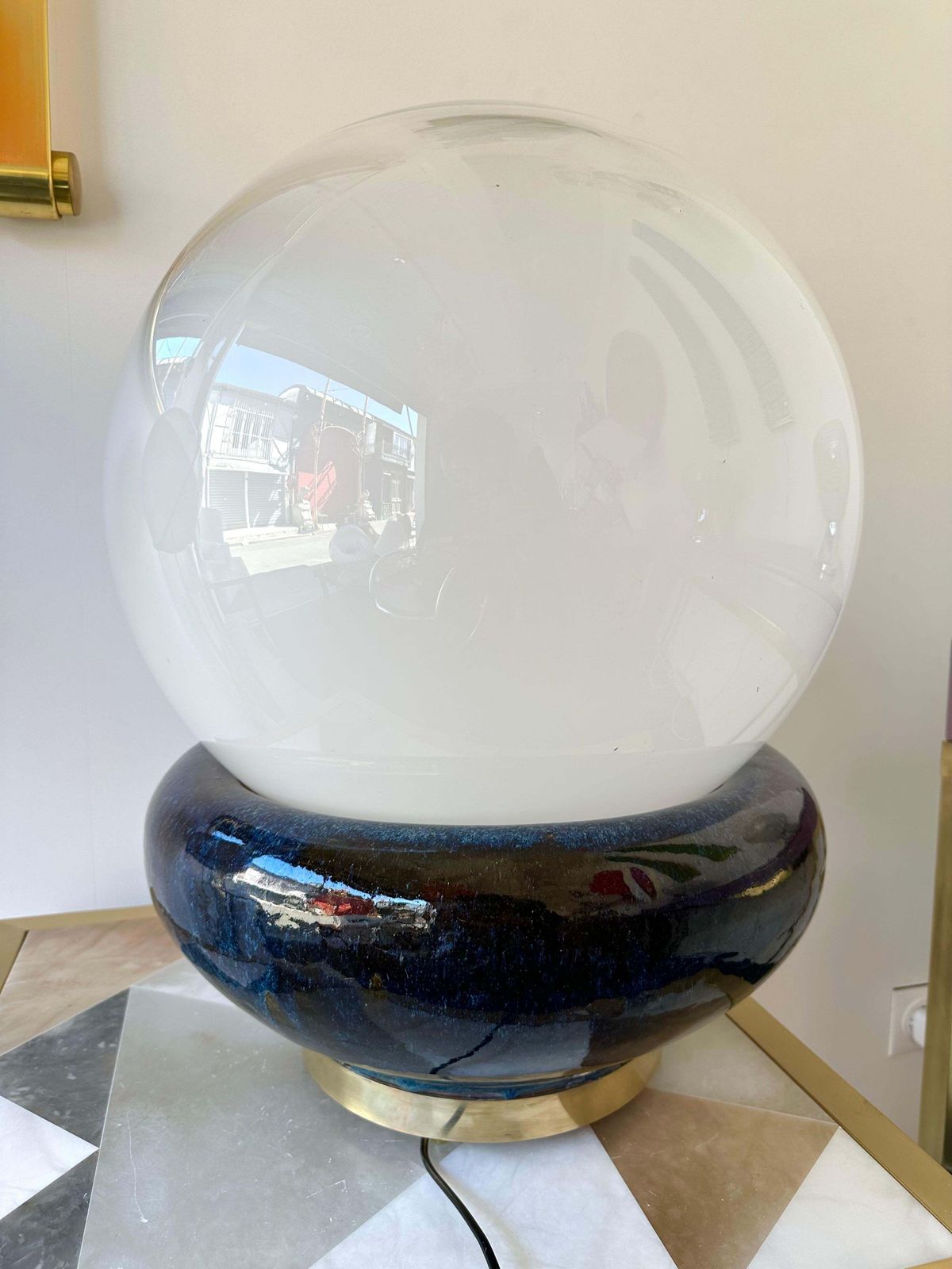 photo furniture Large Contemporary Brass Murano Glass And Ceramic Lamp, Italy