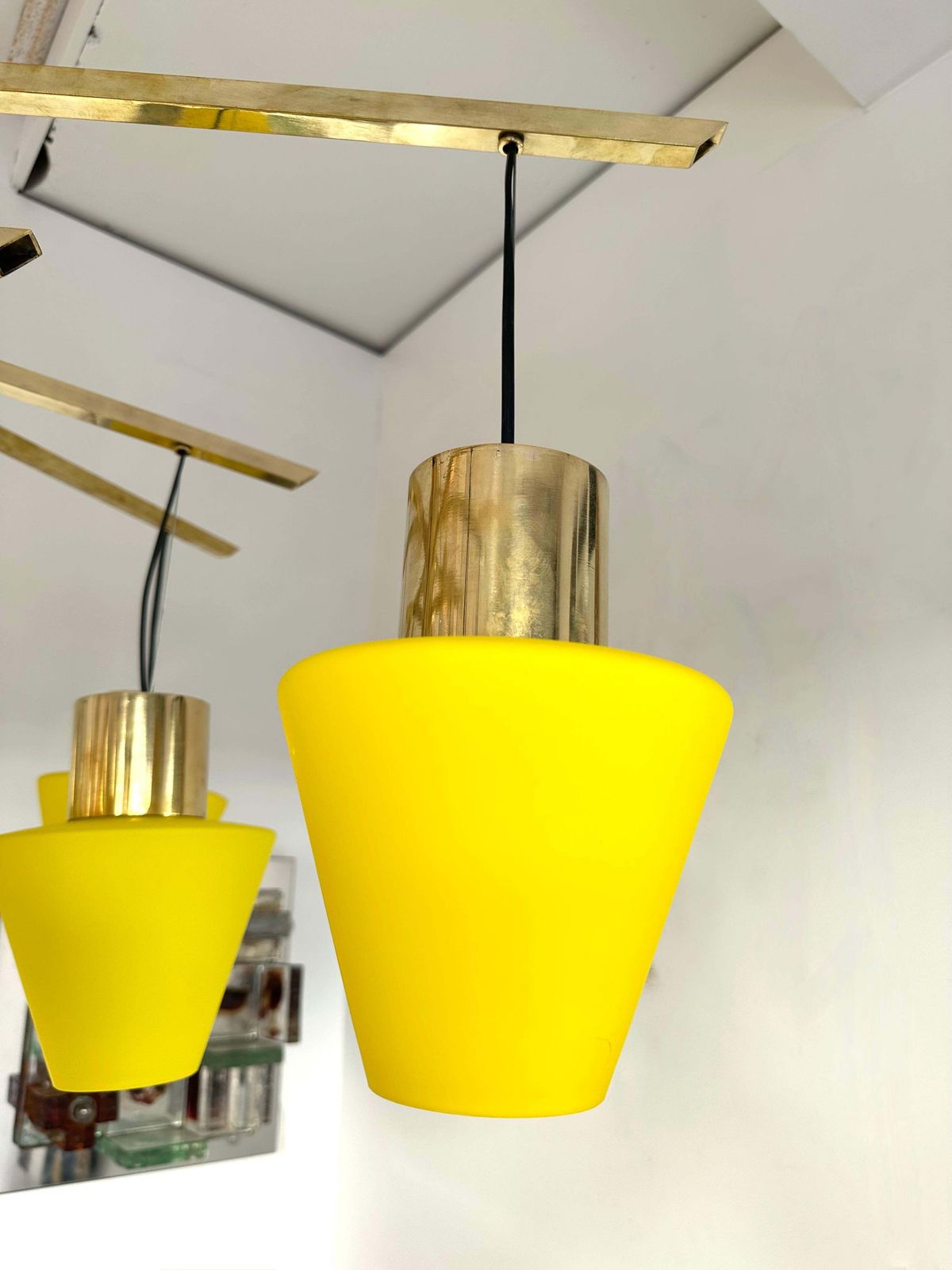 photo for sale Large Contemporary Brass Chandelier Yellow Murano Glass Cup, Italy