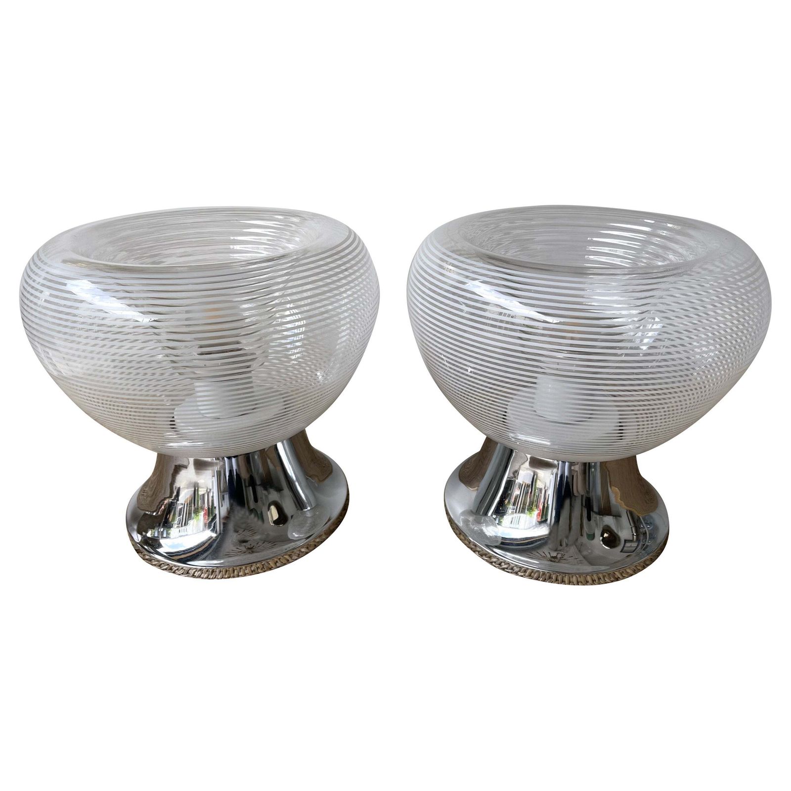 Pair Of Stripe Murano Glass And Metal Chrome Lamps By Veart, Italy, 1970s