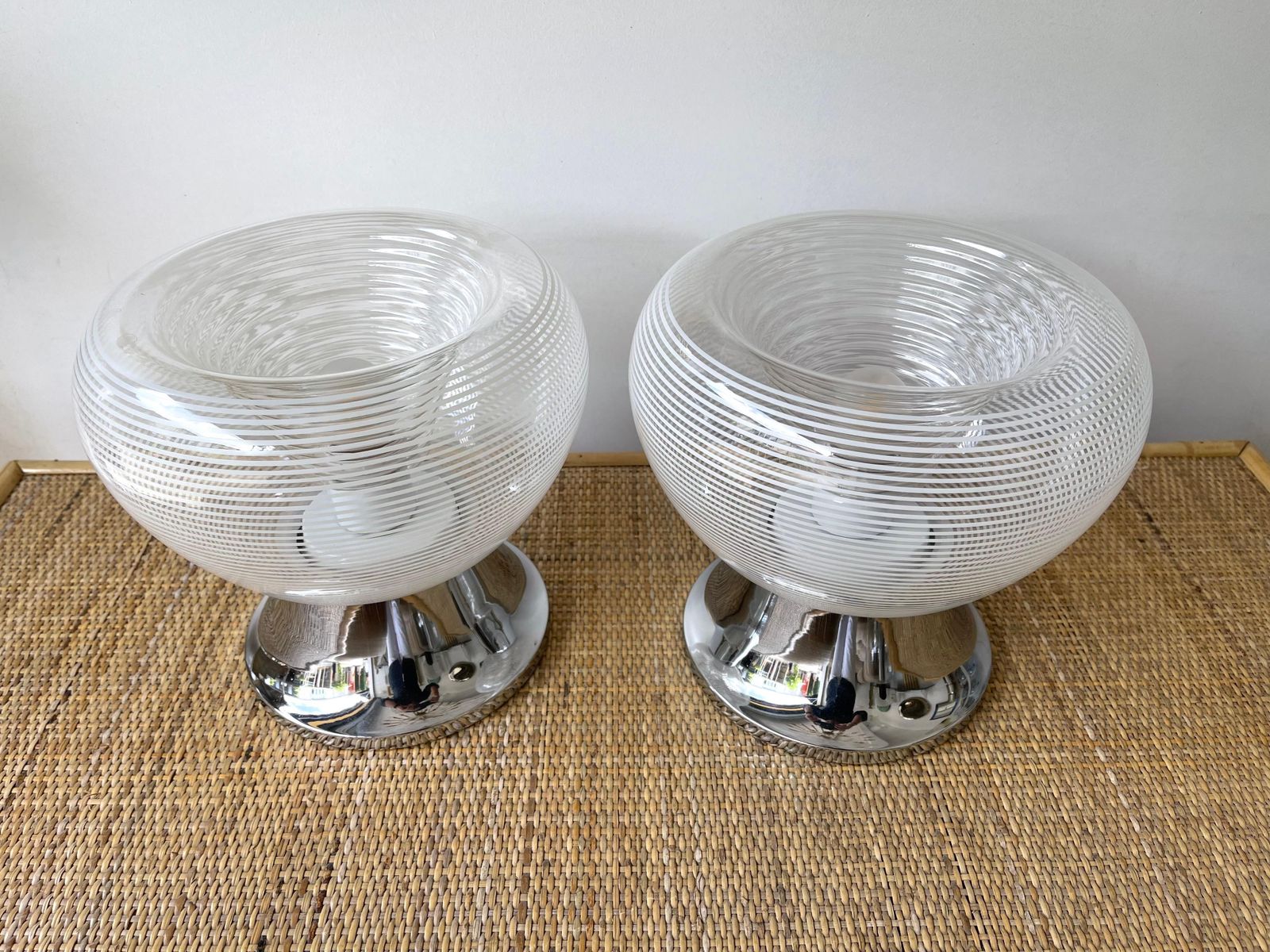 Pair Of Stripe Murano Glass And Metal Chrome Lamps By Veart, Italy, 1970s photo buy