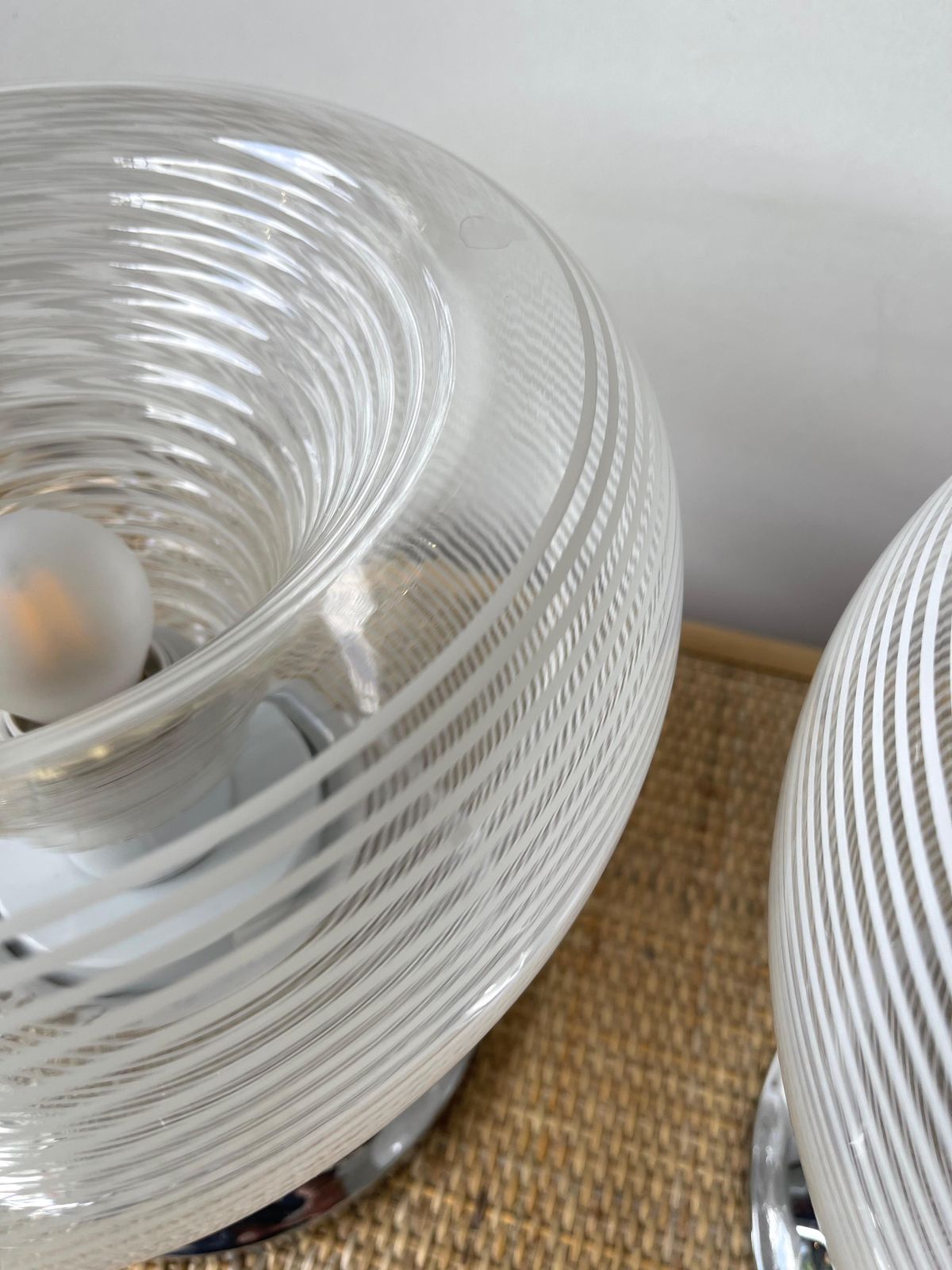photo vinterior Pair Of Stripe Murano Glass And Metal Chrome Lamps By Veart, Italy, 1970s