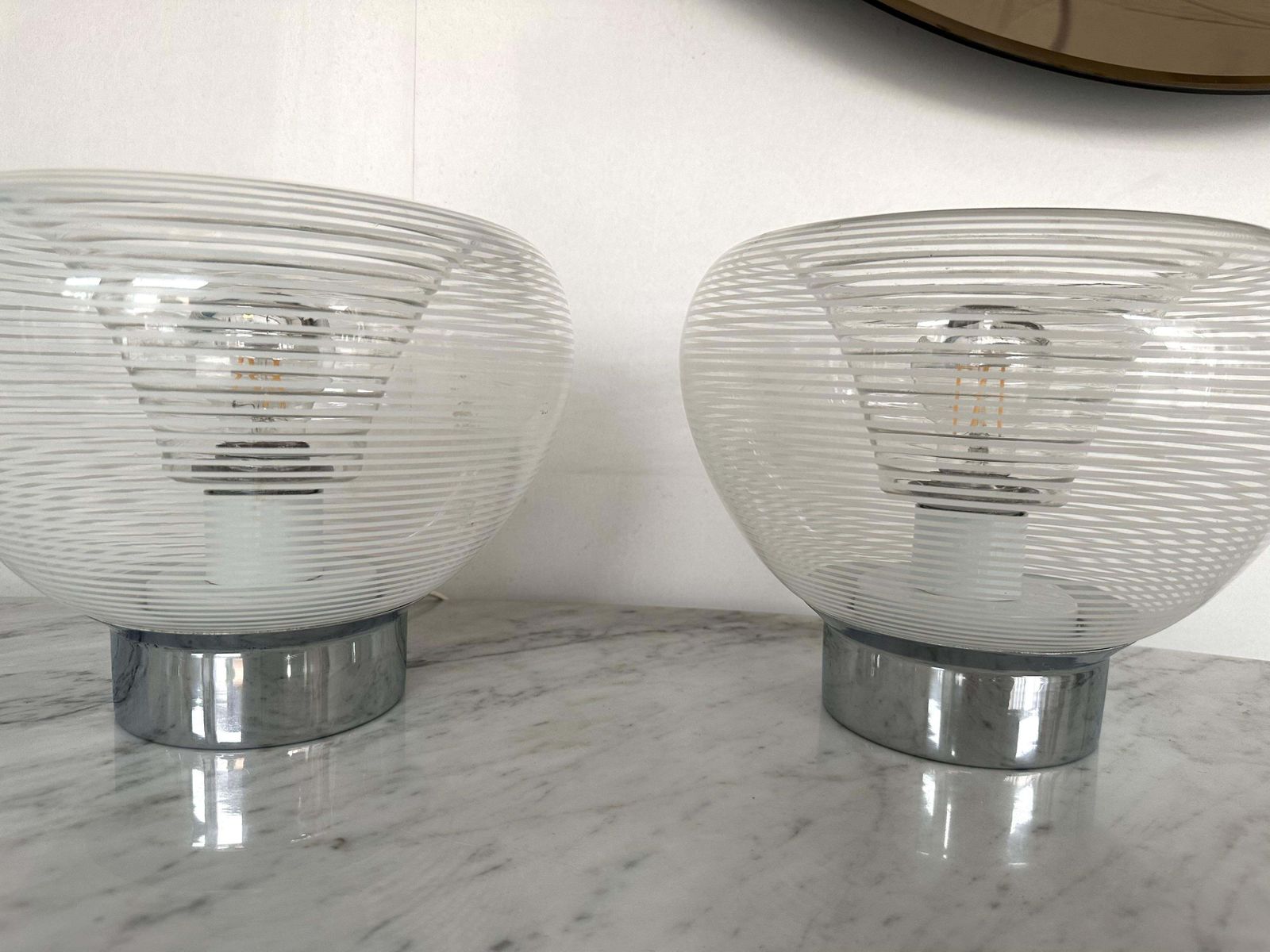 Pair Of Stripe Murano Glass And Metal Chrome Lamps By Veart, Italy, 1970s photo vintage