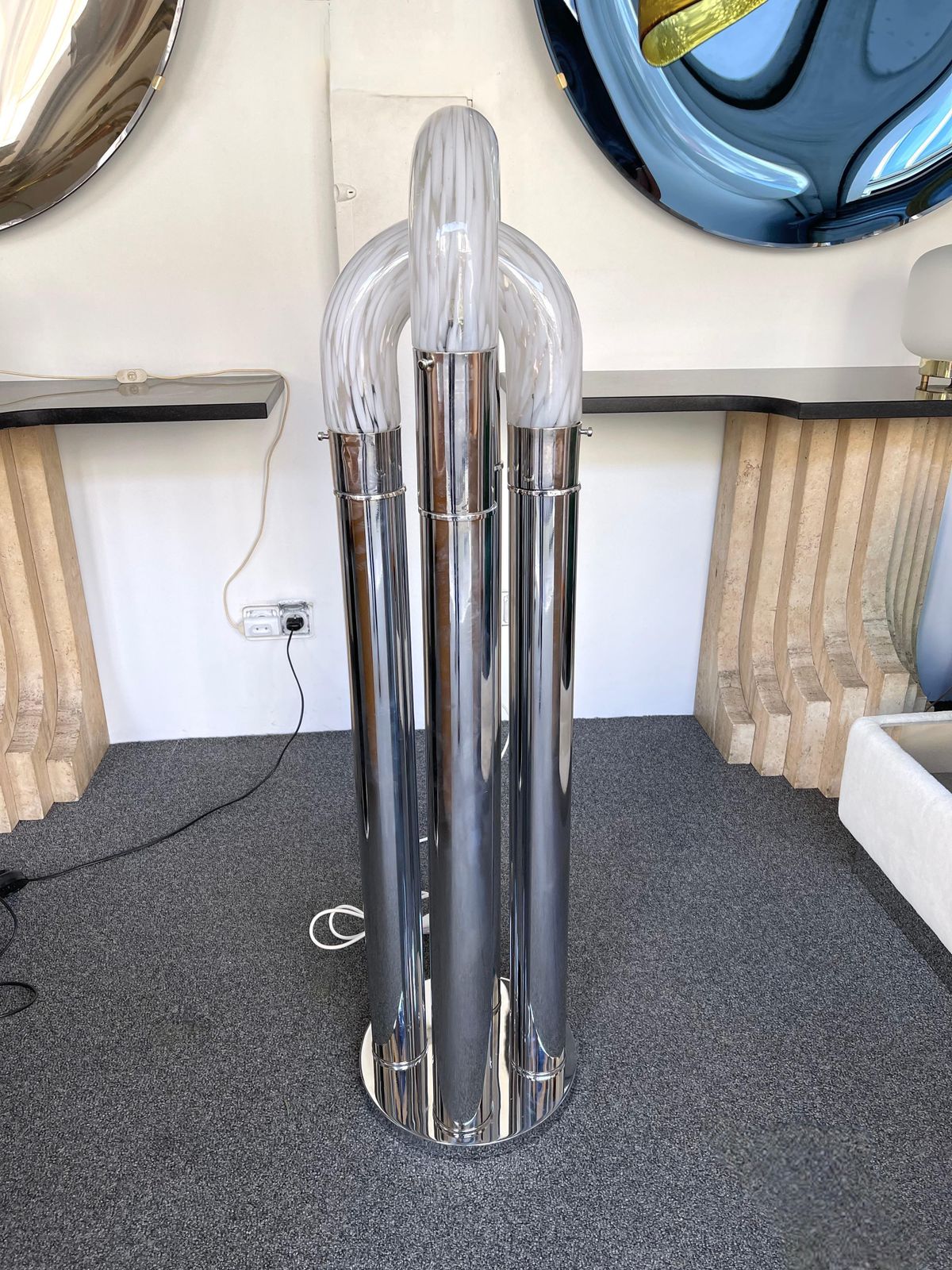 photo for sale Mid Century Modern Ring Floor Lamp Murano Glass Metal By Mazzega, Italy, 1970s
