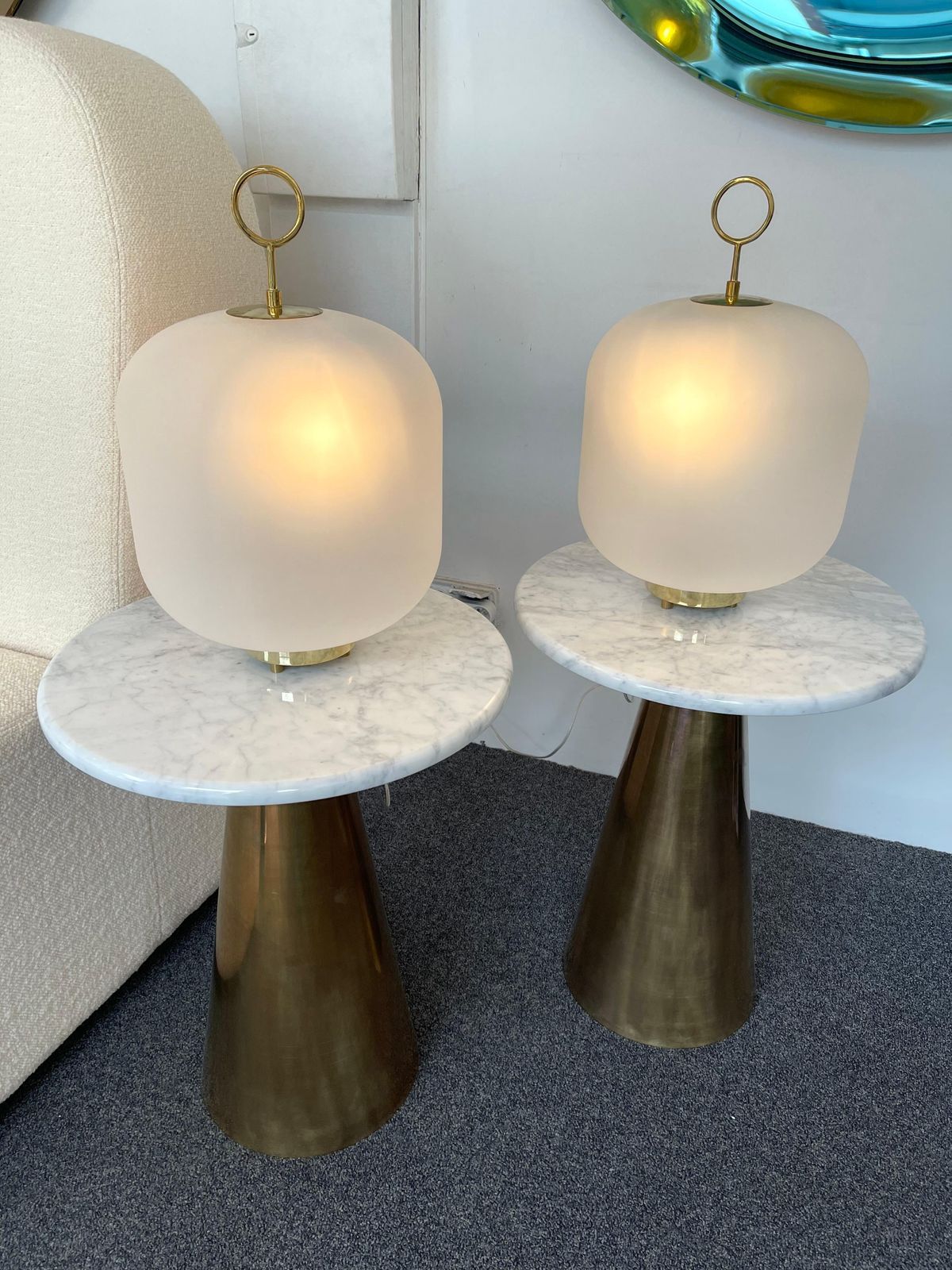 Contemporary Pair Of Murano Glass Can Lamp Brass Ring, Italy photo for sale