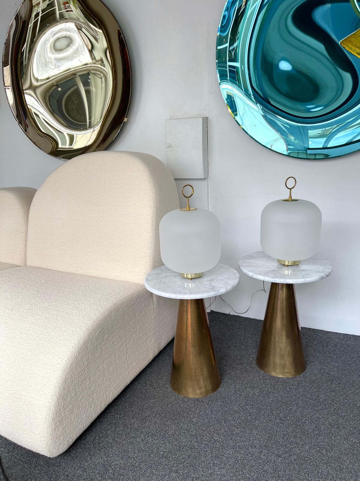 photo for sale Contemporary Pair Of Murano Glass Can Lamp Brass Ring, Italy