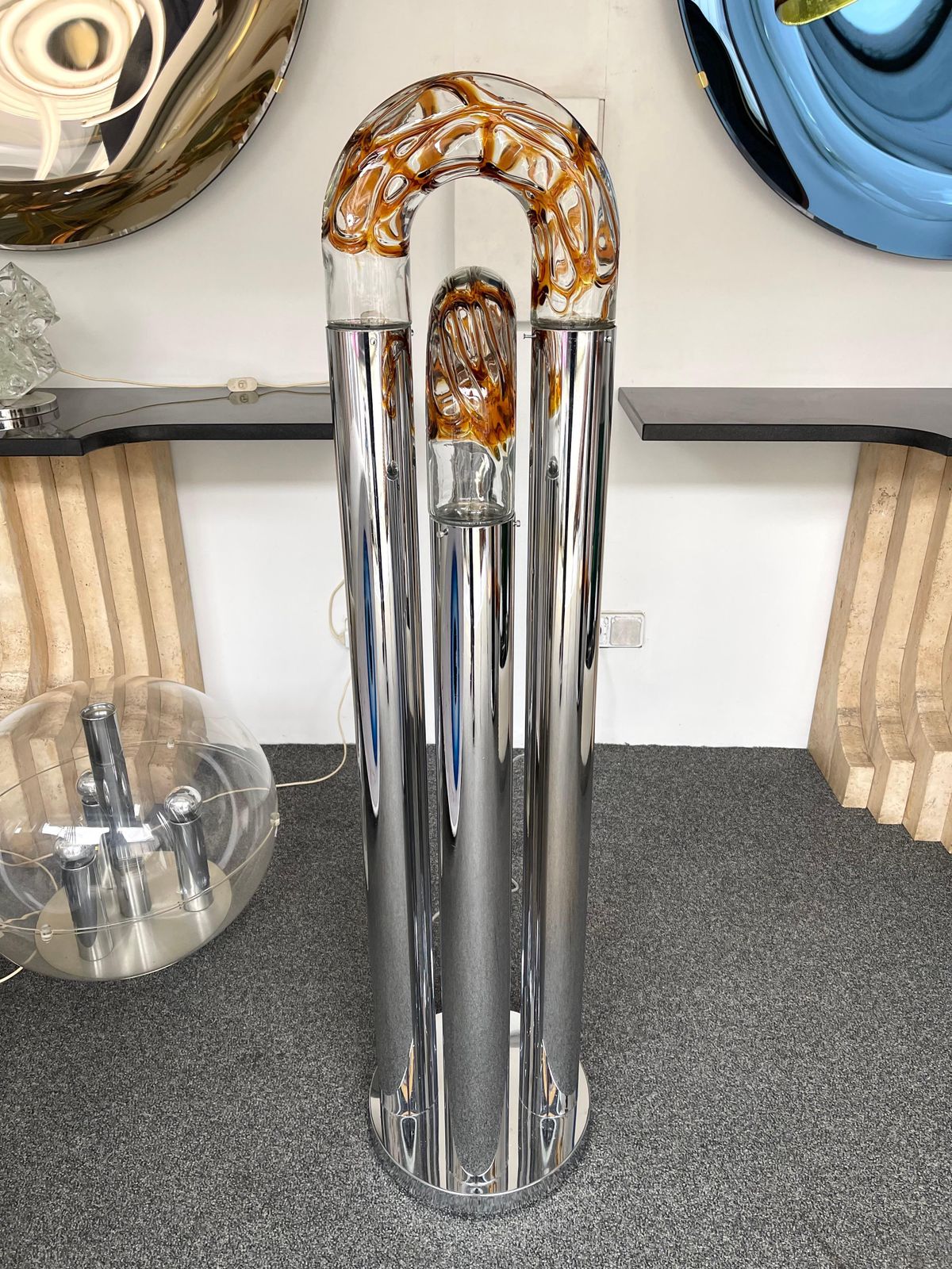 4447.0 Mid Century Modern Ring Floor Lamp Murano Glass Metal By Mazzega, Italy, 1970s photo