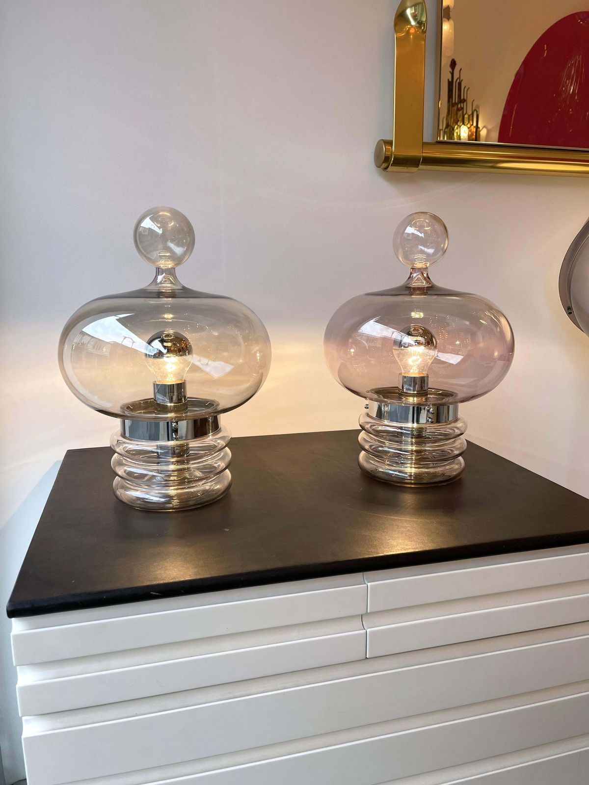 Pair Of Gray Smoke Glass And Metal Lamps By Glashütte Limburg, Germany, 1970s photo for sale