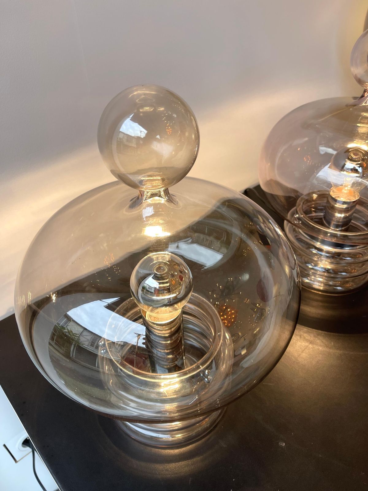 Pair Of Gray Smoke Glass And Metal Lamps By Glashütte Limburg, Germany, 1970s photo 3335.0