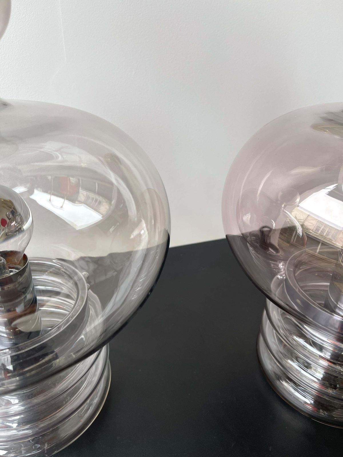 photo for sale Pair Of Gray Smoke Glass And Metal Lamps By Glashütte Limburg, Germany, 1970s