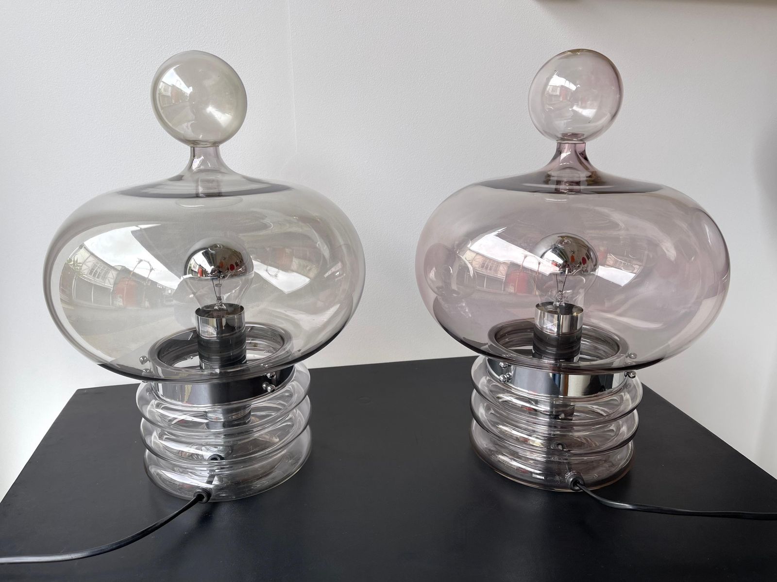 Lighting Pair Of Gray Smoke Glass And Metal Lamps By Glashütte Limburg, Germany, 1970s photo