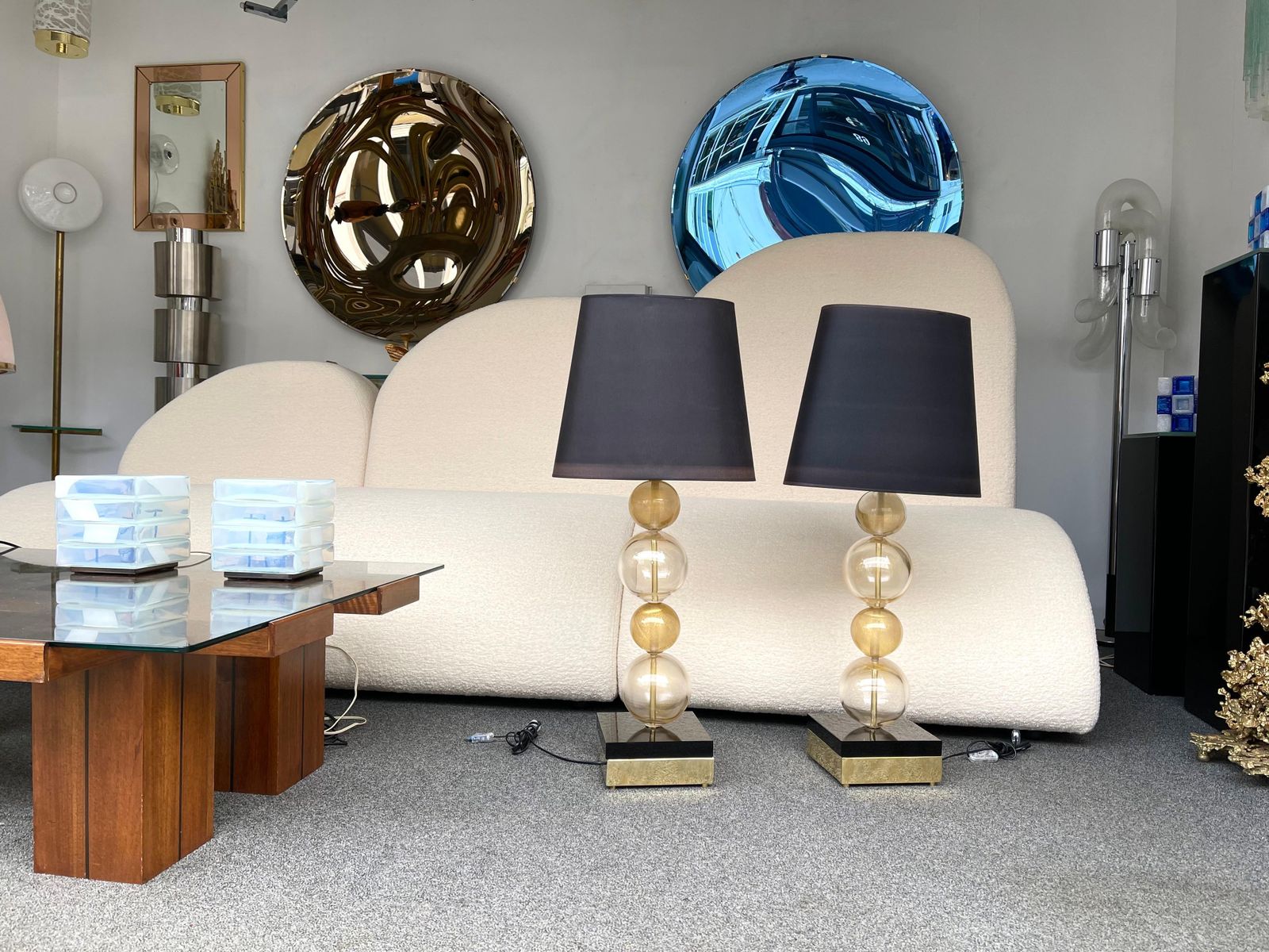 Contemporary Pair Of Gold Bubble Murano Glass And Brass Lamps, Italy photo buy