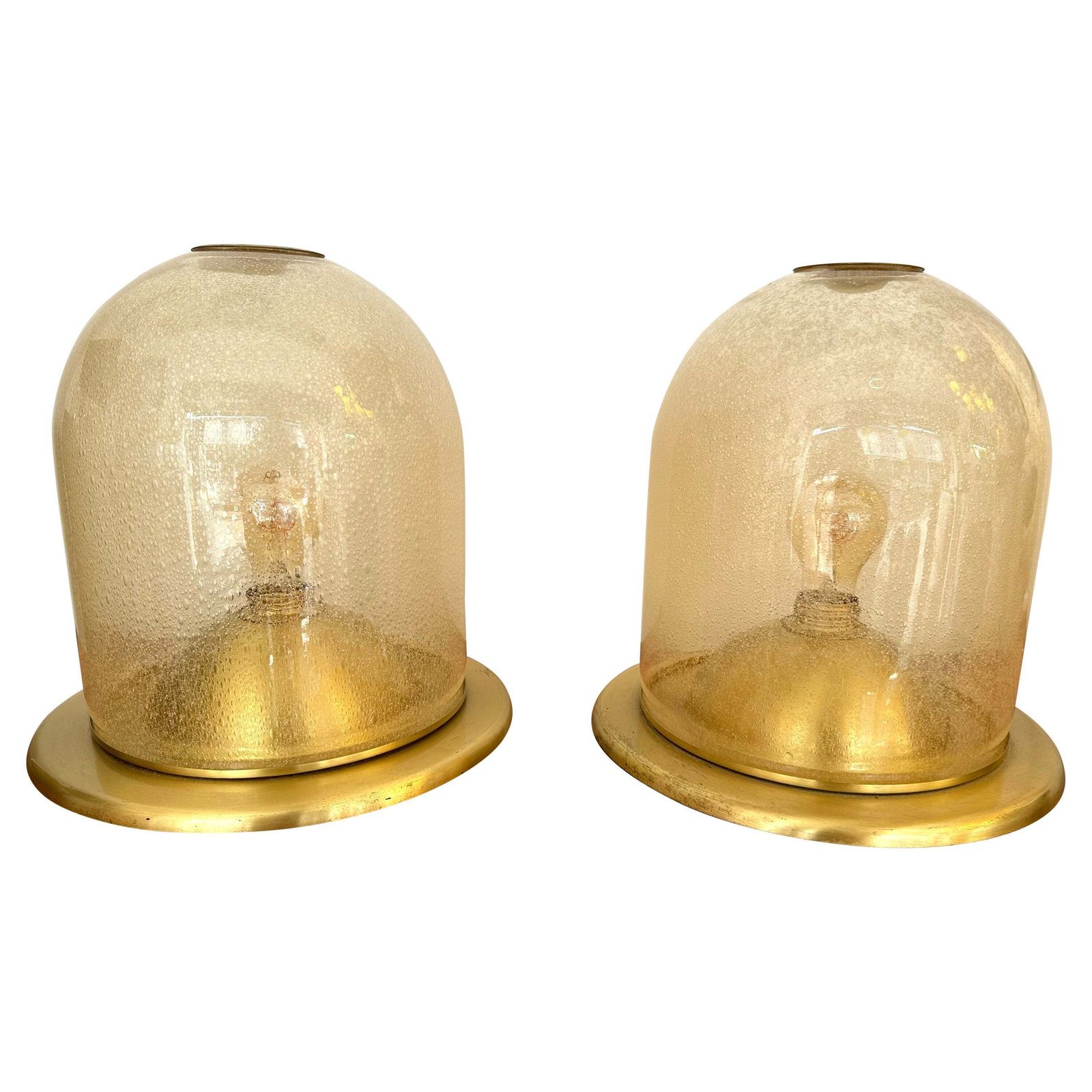 Pair Of Lamps Brass And Gold Bubble Murano Glass By F. Fabbian, Italy, 1970s