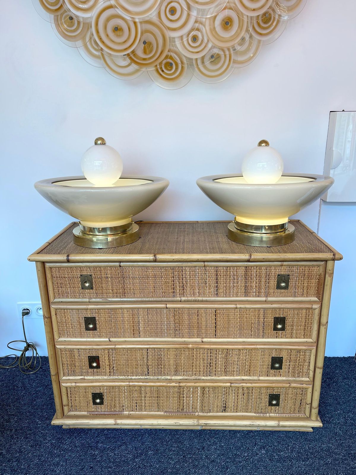 Contemporary Pair Of Brass Murano Glass Fountain Lamps, Italy photo furniture