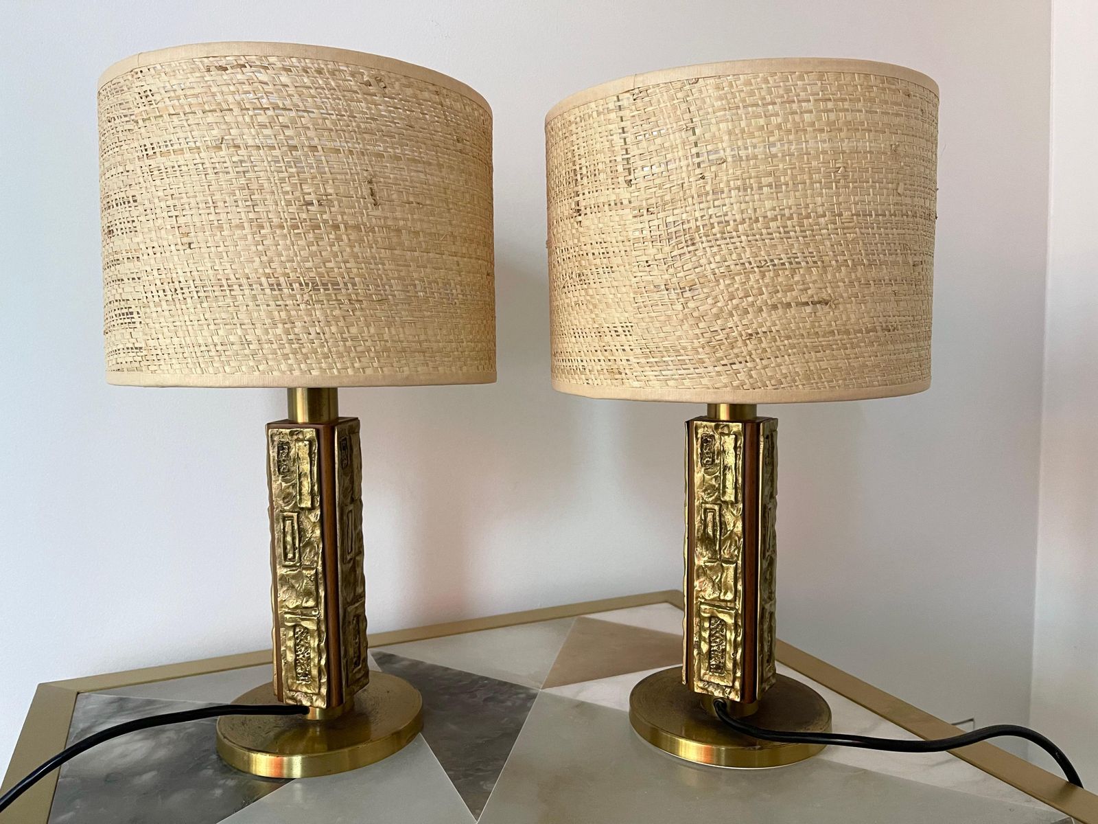 photo for sale Pair Of Brass And Wood Sculpture Lamps By Angelo Brotto For Esperia Italy, 1970s