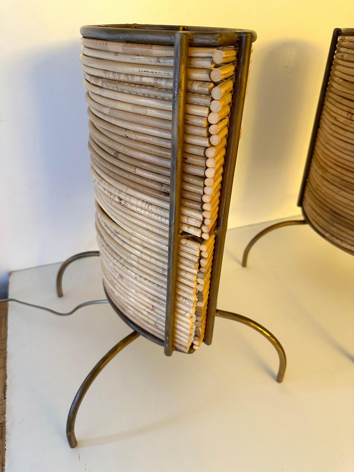 photo for sale Pair Of Rattan And Gilt Metal Lamps. Italy, 2000s