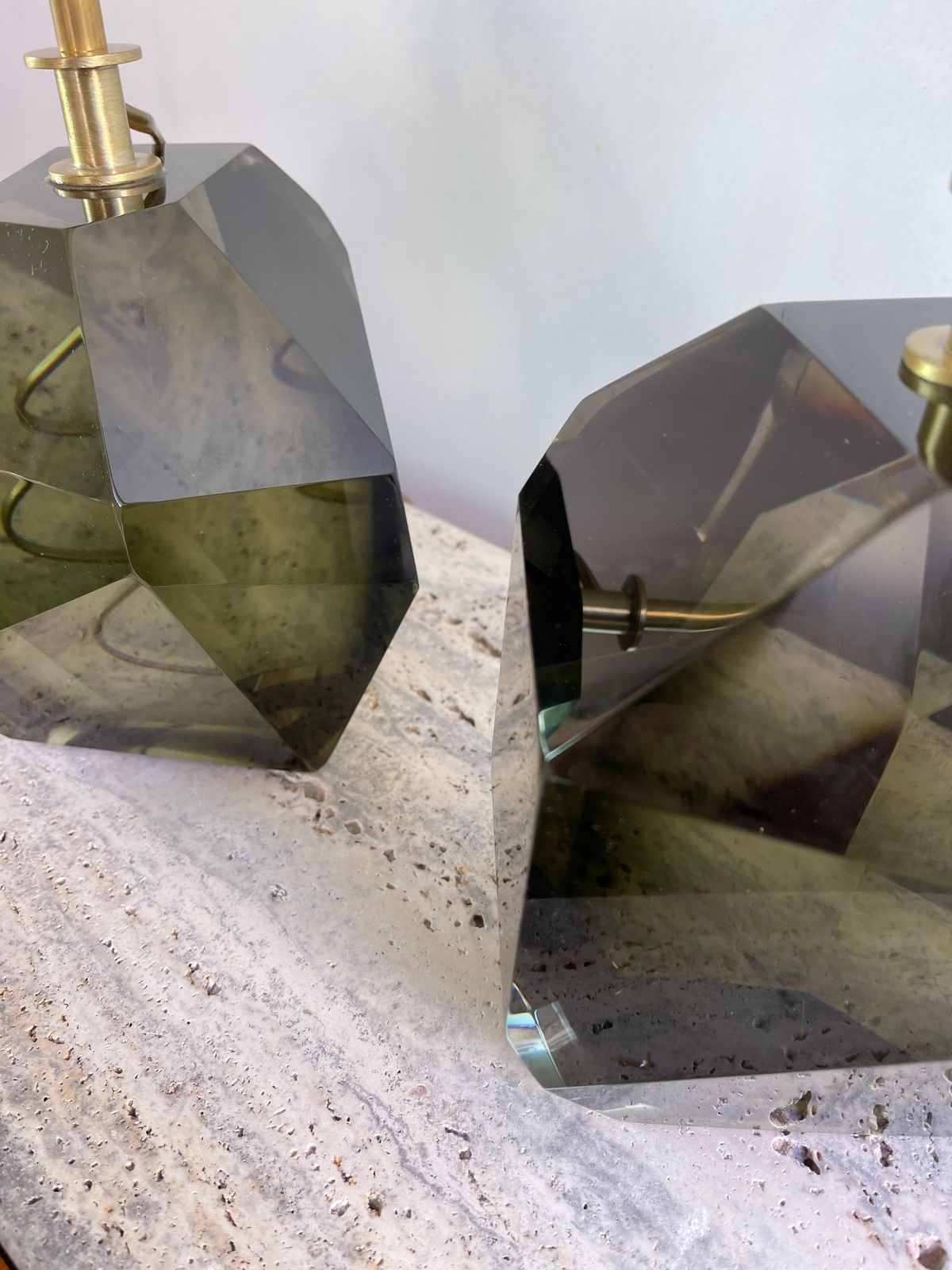 Contemporary Pair Of Stone Diamond Murano Glass And Brass Lamps, Italy photo vintage