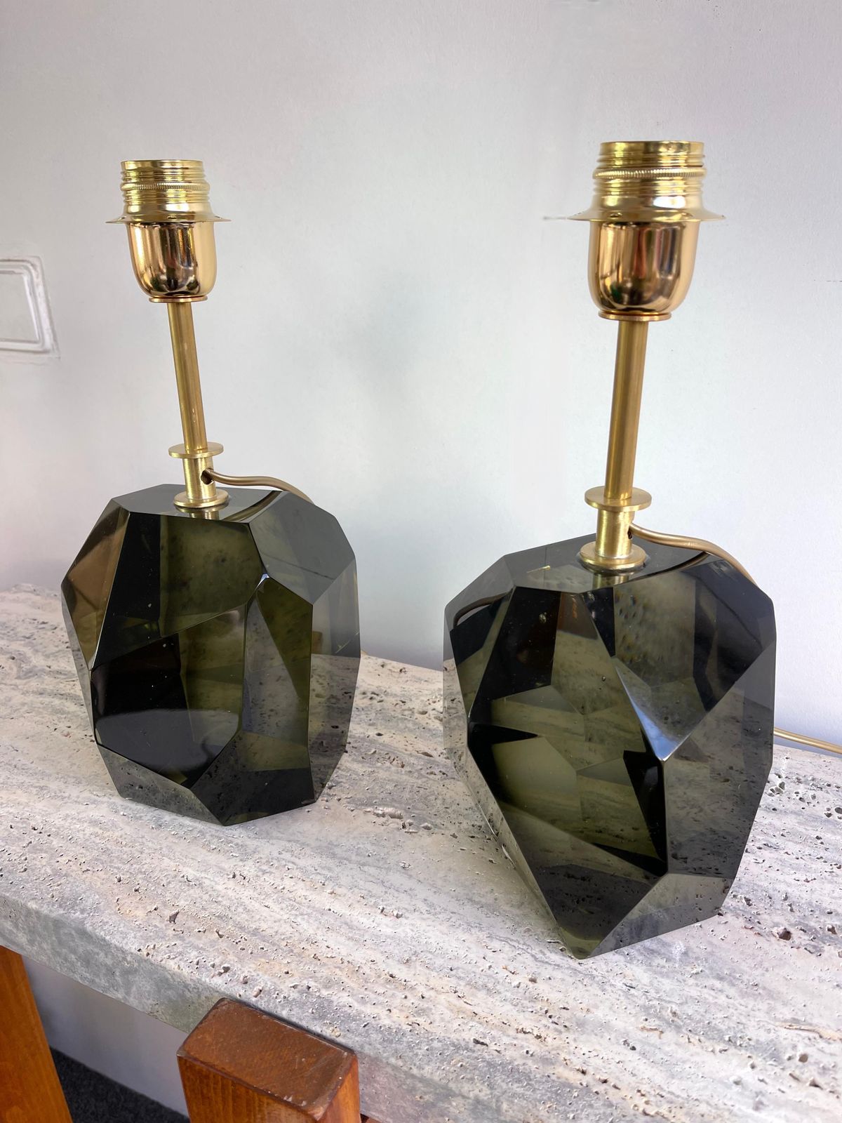 photo furniture Contemporary Pair Of Stone Diamond Murano Glass And Brass Lamps, Italy
