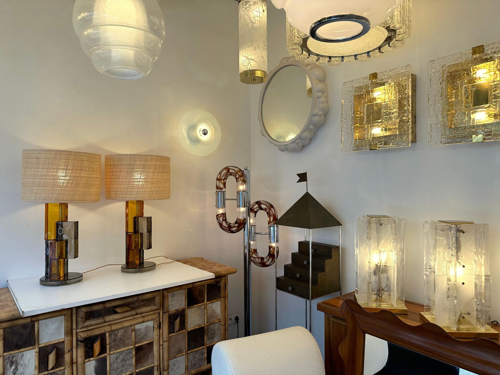 Contemporary Pair Of Lamps Amber Smoke Cubic Murano Glass And Brass, Italy photo buy