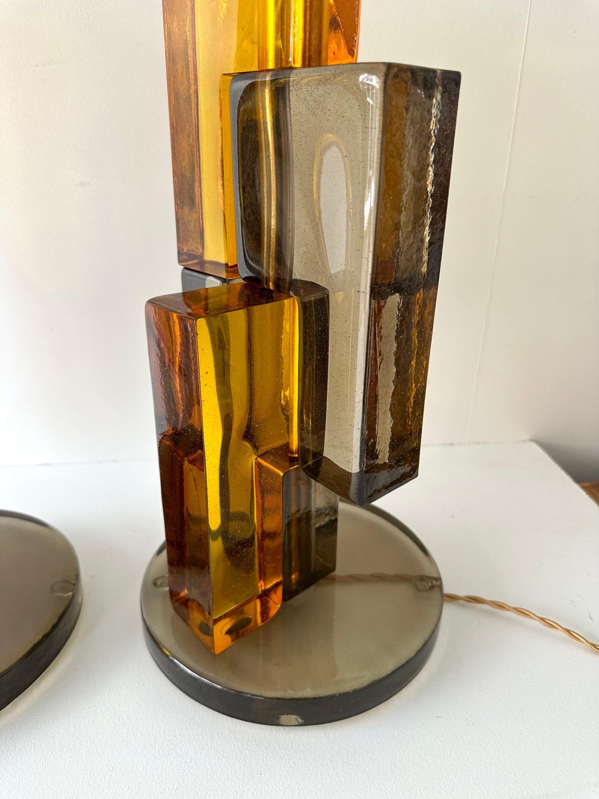 Contemporary Pair Of Lamps Amber Smoke Cubic Murano Glass And Brass, Italy photo vintage